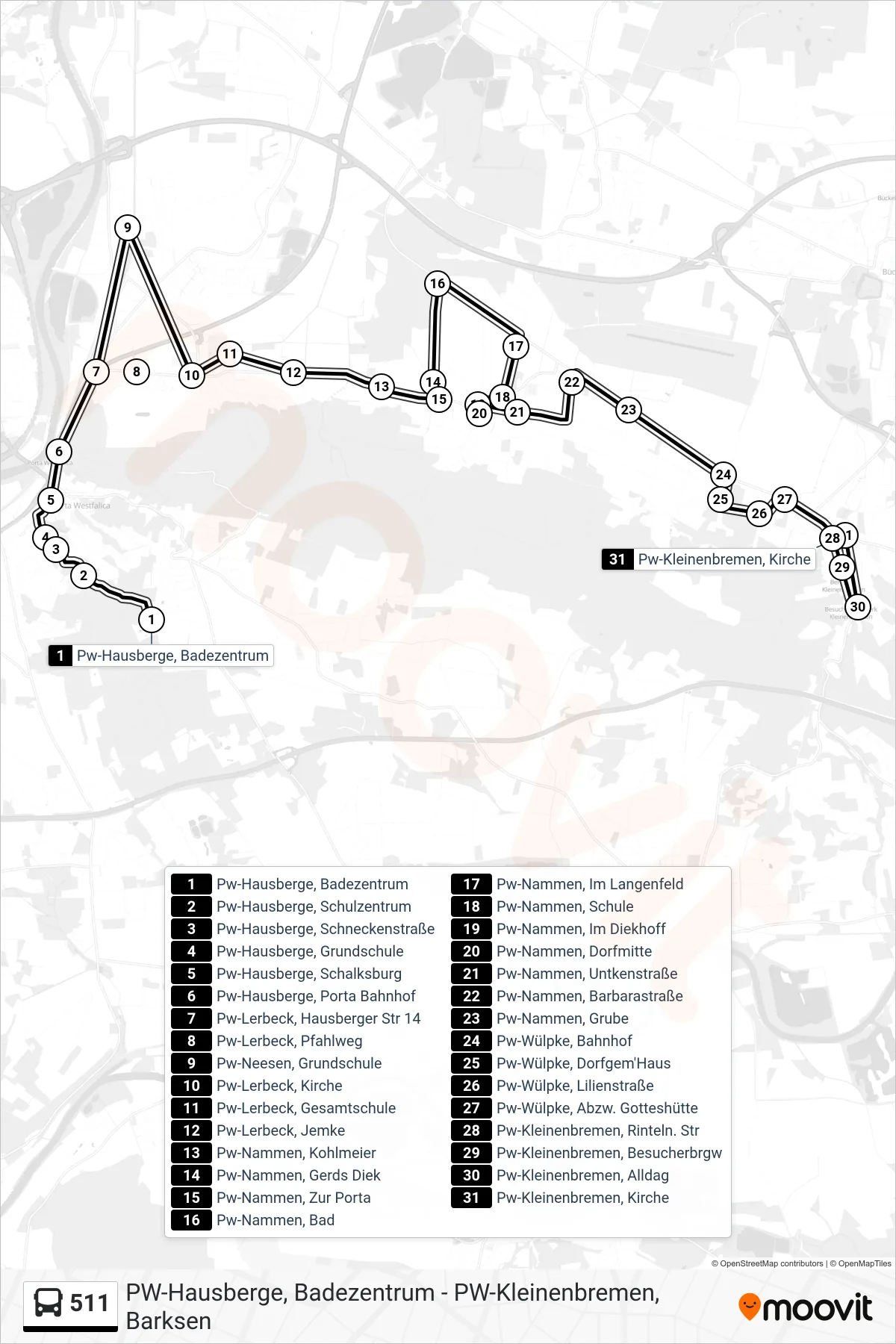 511 bus Line (Kleinenbremen Kirche) route and stops on a map