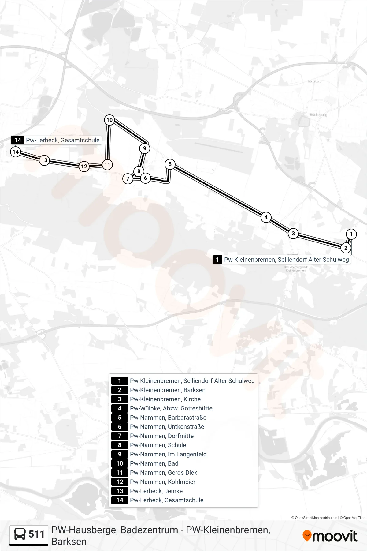 511 bus Line (Lerbeck Gesamtschule) route and stops on a map