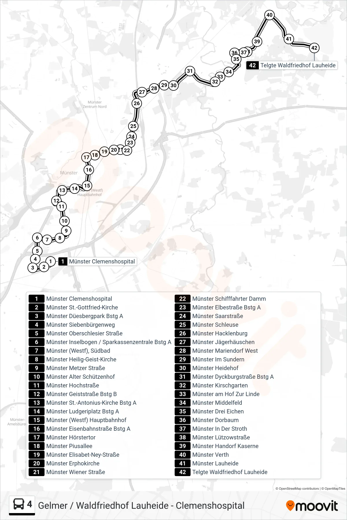 Linie 4 (Bus) Richtung Waldfriedhof Lauheide: Route und Haltestellen auf der Karte