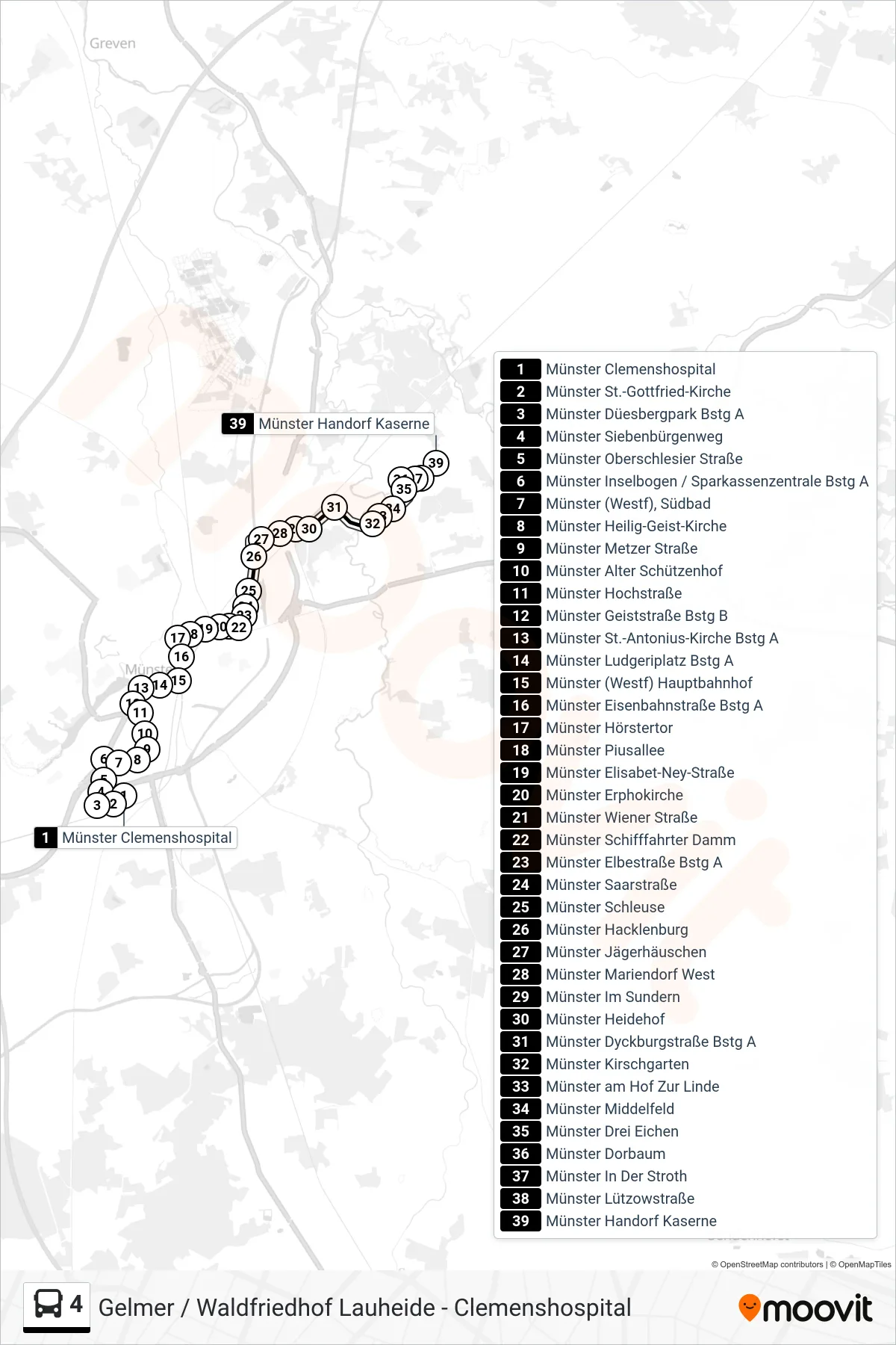 Linie 4 (Bus) Richtung Handorf Kaserne: Route und Haltestellen auf der Karte