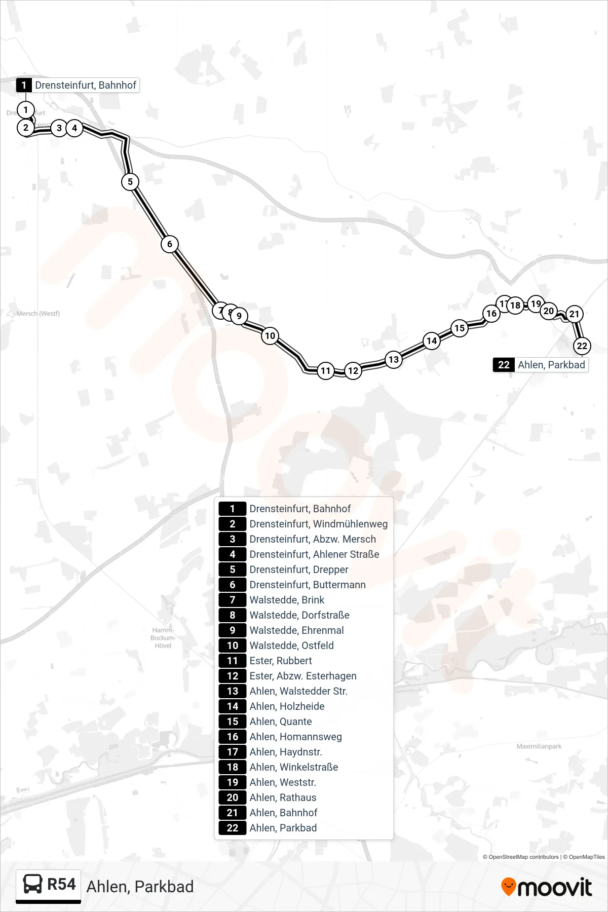 R54 bus Line (Ahlen, Parkbad) route and stops on a map