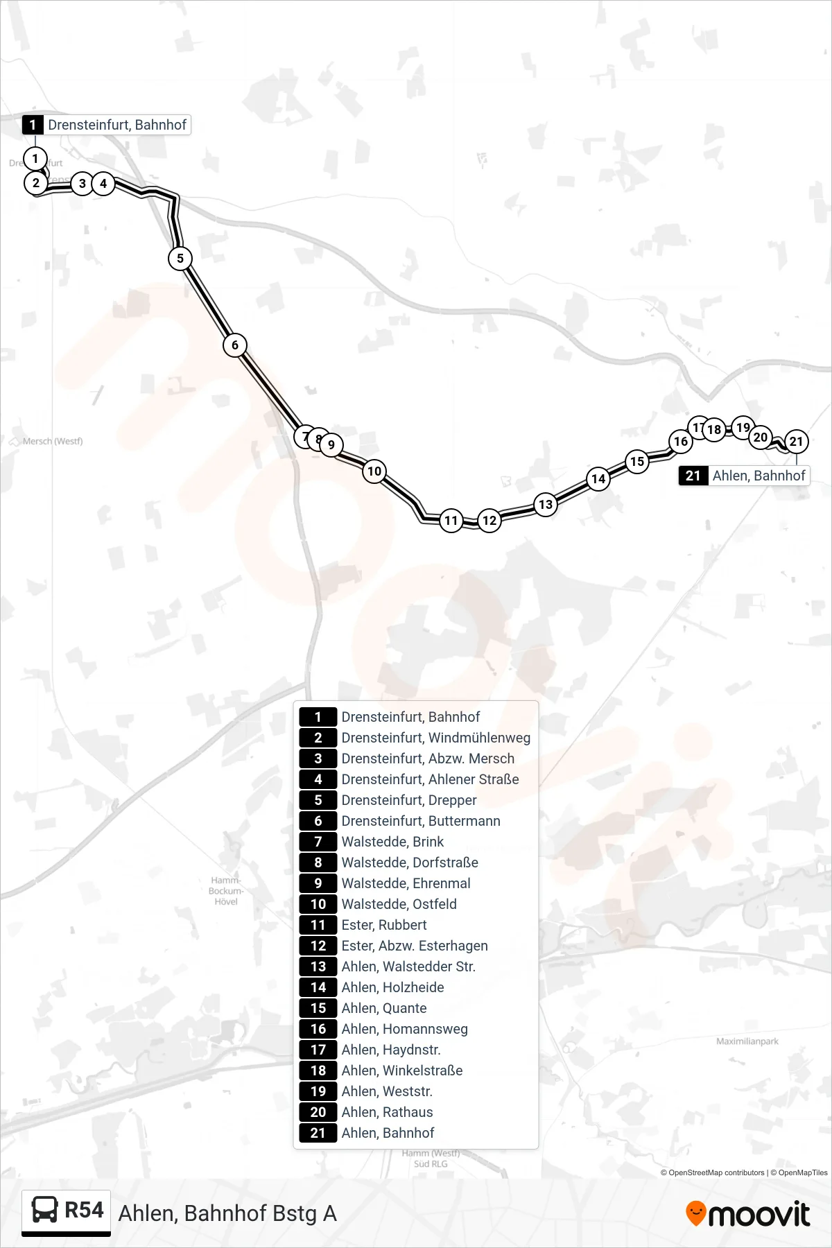 R54 bus Line (Ahlen, Bahnhof Bstg A) route and stops on a map