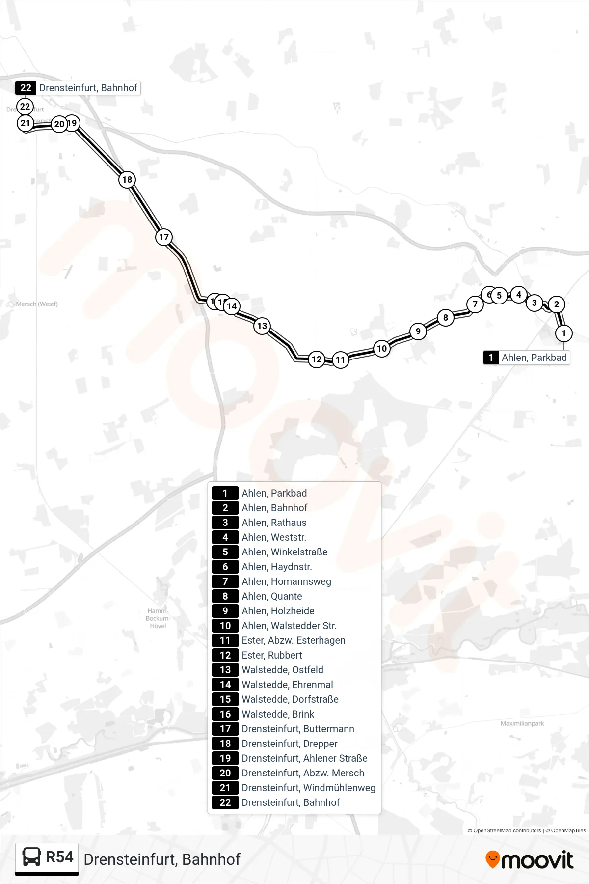 R54 bus Line (Drensteinfurt, Bahnhof) route and stops on a map