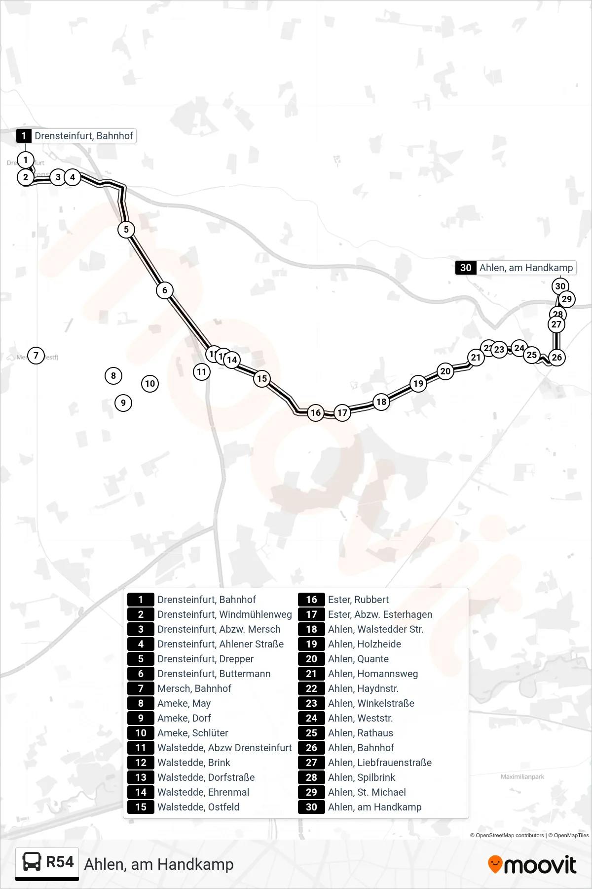 Linie R54 (Bus) Richtung Ahlen, am Handkamp: Route und Haltestellen auf der Karte
