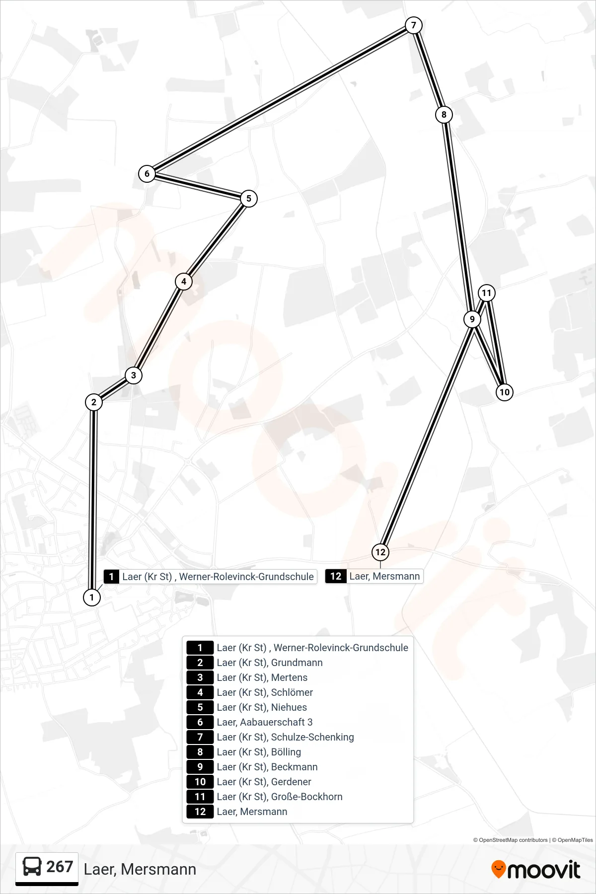 267 bus Line (Laer, Mersmann) route and stops on a map