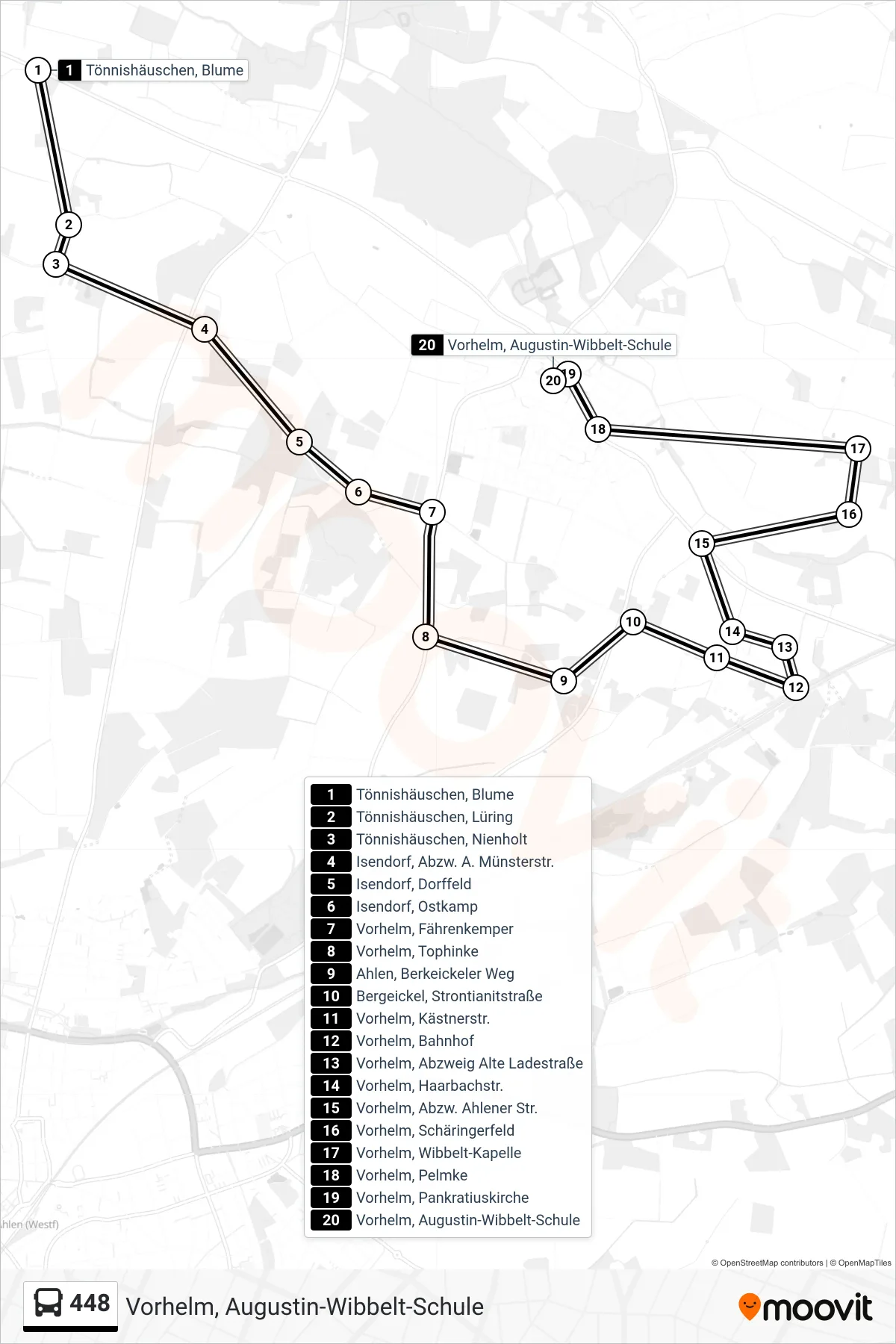 448 tram Line (Vorhelm, Augustin-Wibbelt-Schule) route and stops on a map