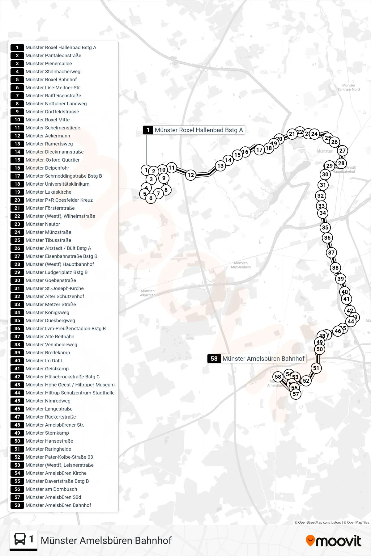 Linie 1 (Bus) Richtung Münster Amelsbüren Bahnhof: Route und Haltestellen auf der Karte
