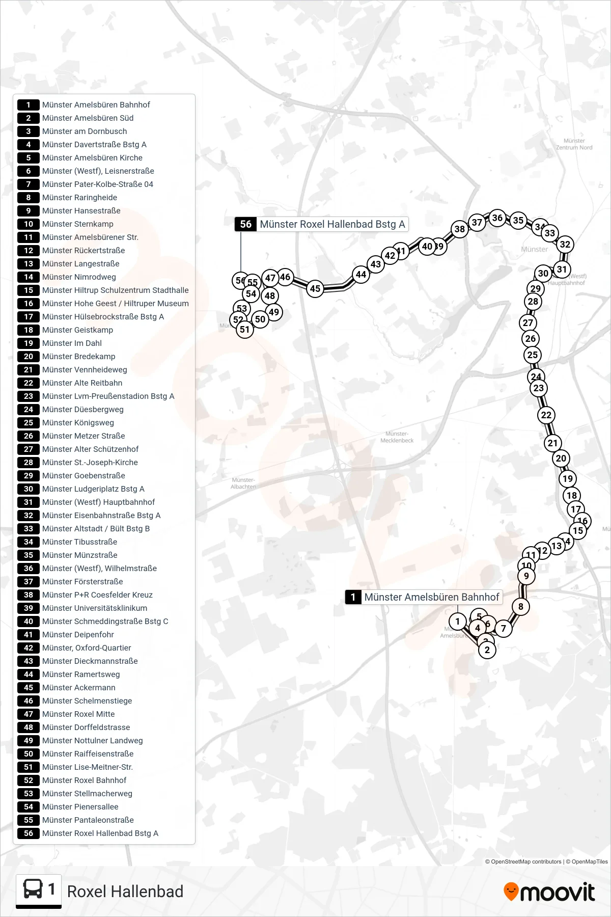 1 bus Line (Roxel Hallenbad) route and stops on a map