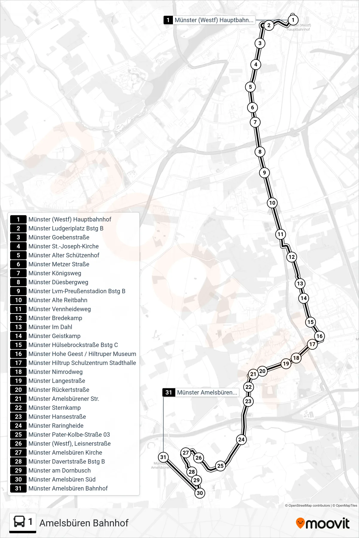 1 bus Line (Amelsbüren Bahnhof) route and stops on a map