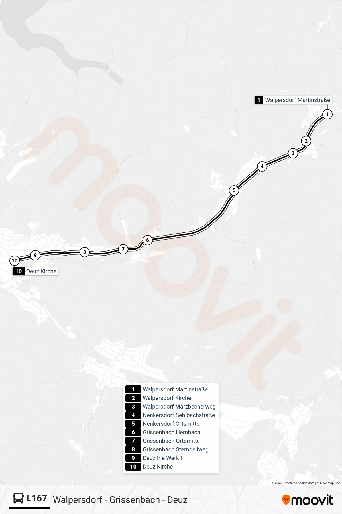 L167 bus Line (Deuz Kirche) route and stops on a map