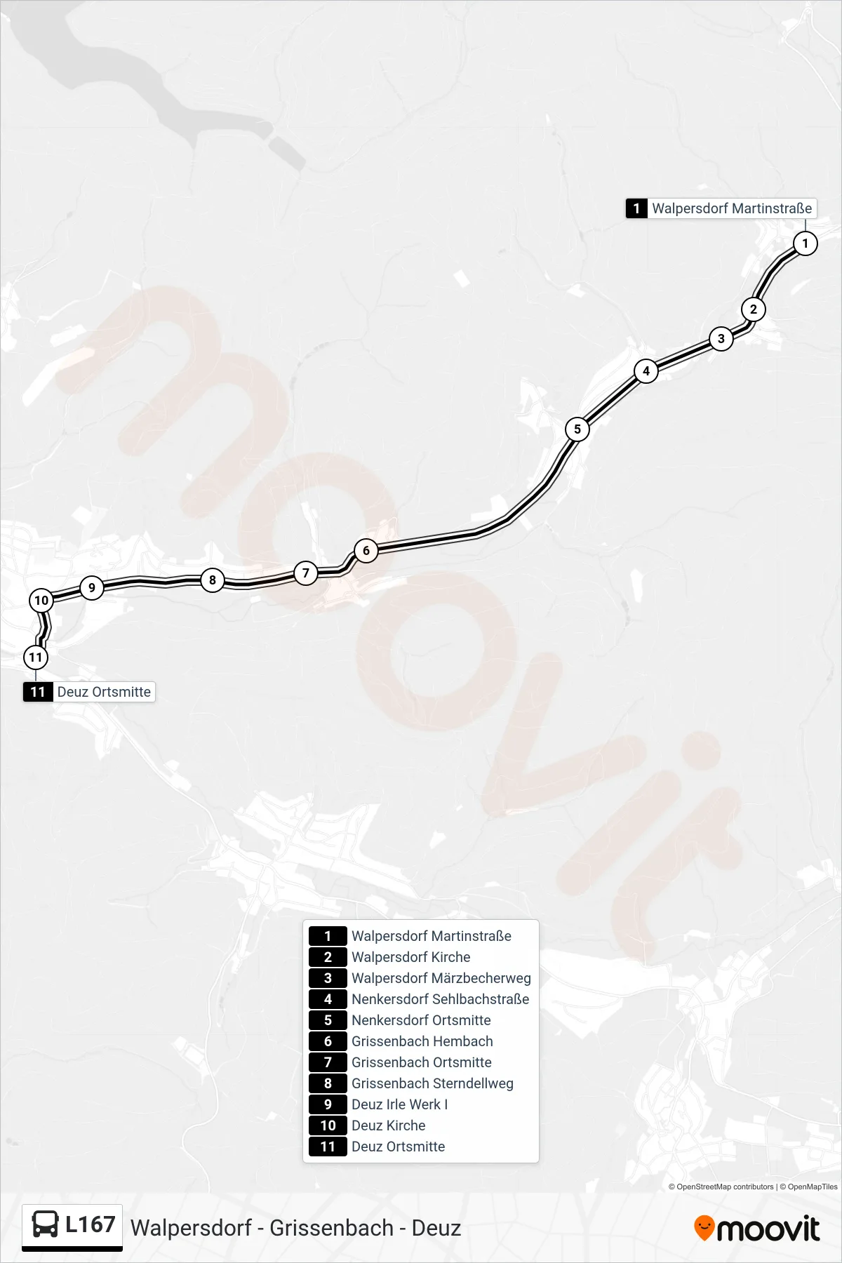 L167 bus Line (Deuz Ortsmitte) route and stops on a map