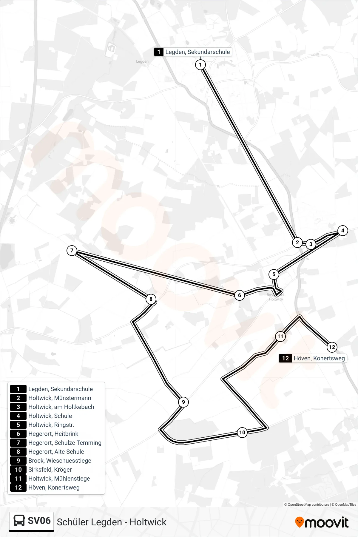SV06 bus Line (Höven, Konertsweg) route and stops on a map