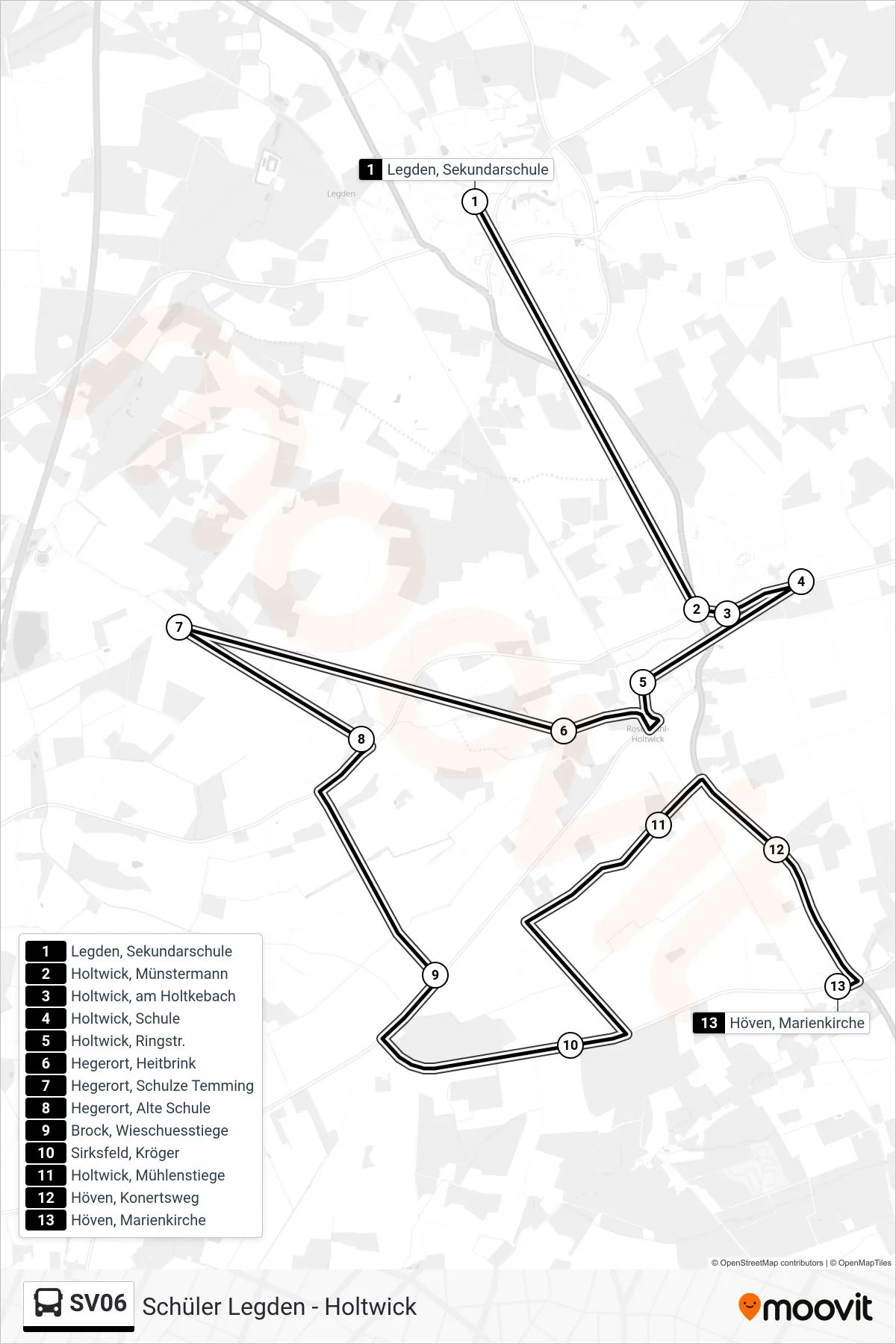 SV06 bus Line (Höven, Marienkirche) route and stops on a map