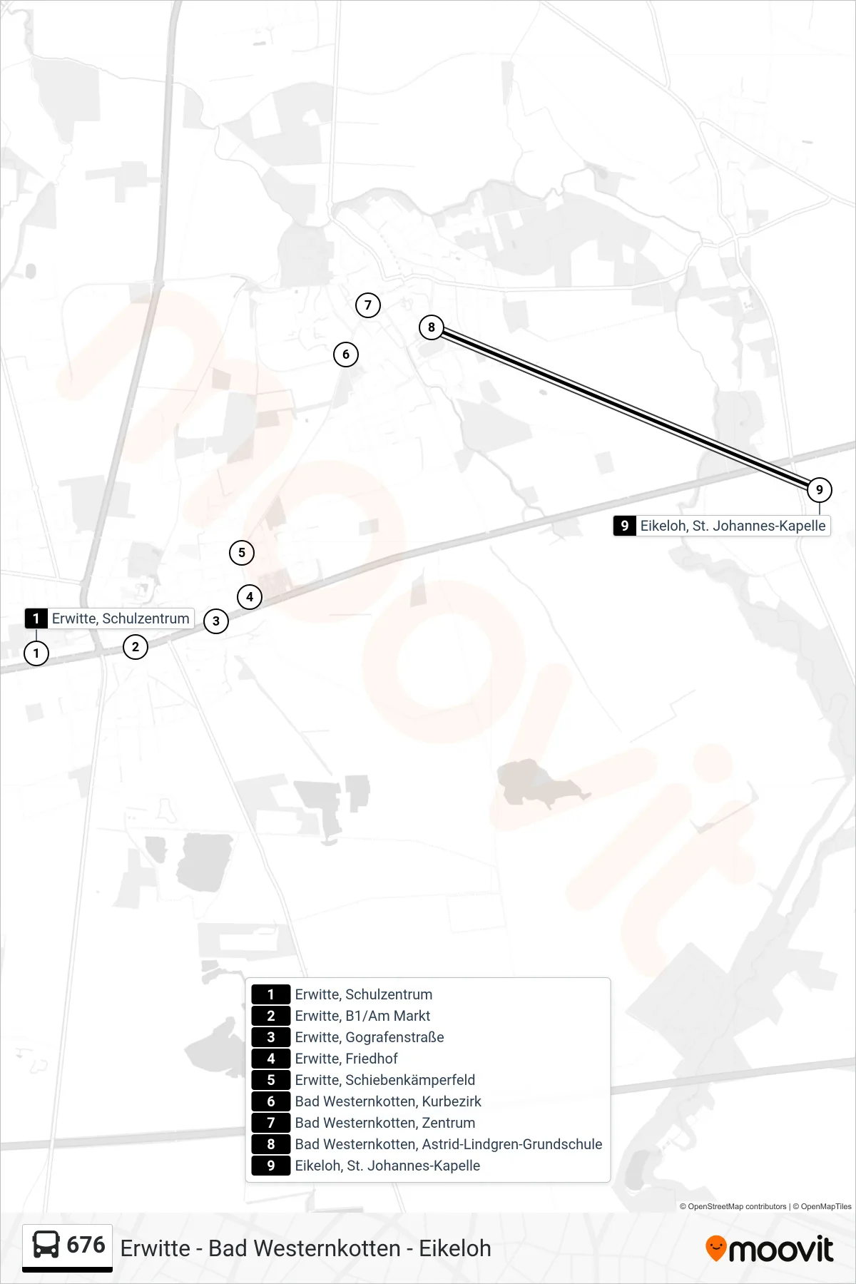 676 bus Line (Eikeloh, St. Johannes-Kapelle) route and stops on a map