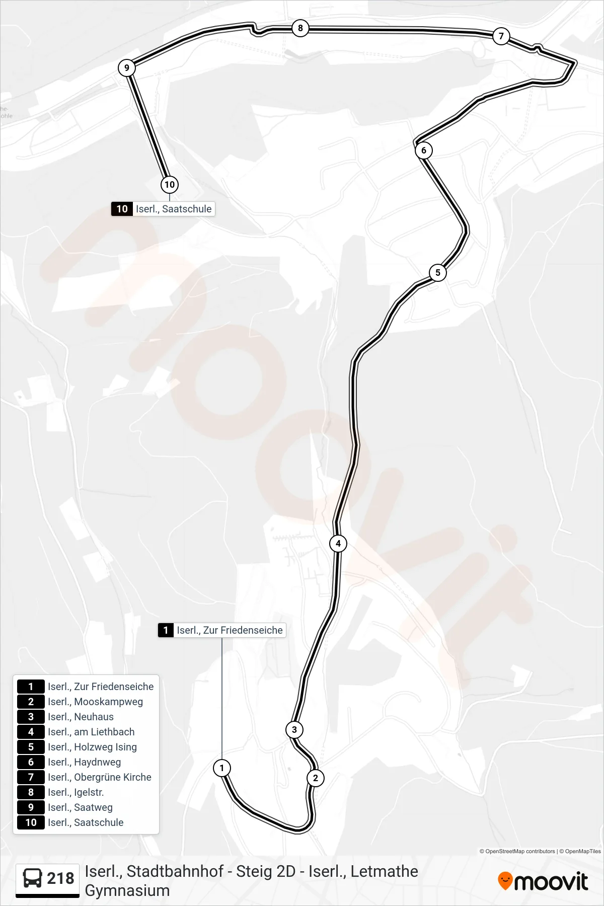 218 bus Line (Iserl., Saatschule) route and stops on a map