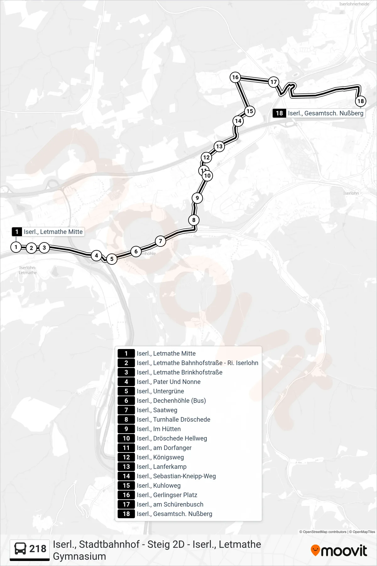 218 bus Line (Iserl., Gesamtsch. Nußberg) route and stops on a map
