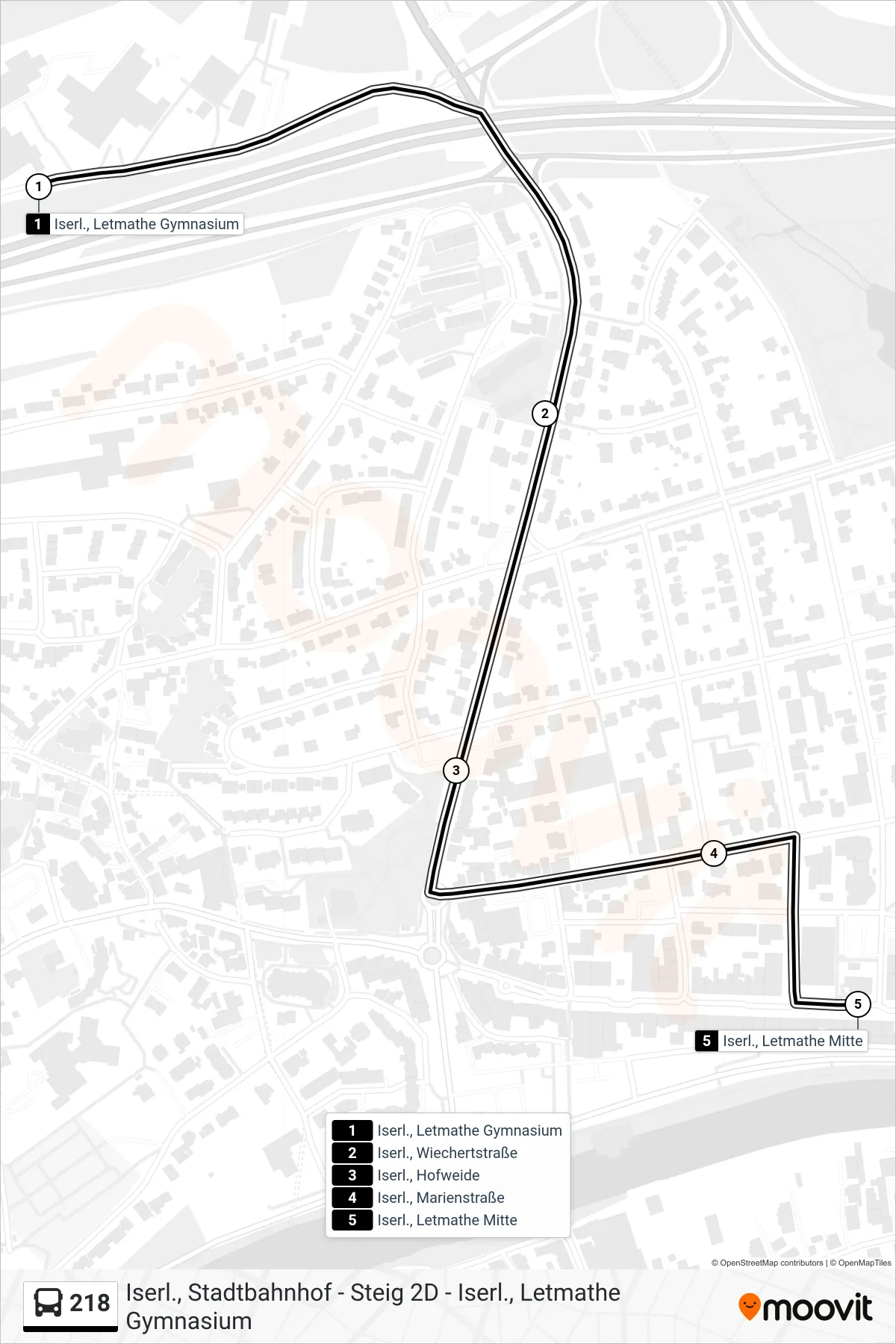 218 bus Line (Iserl., Letmathe Mitte) route and stops on a map