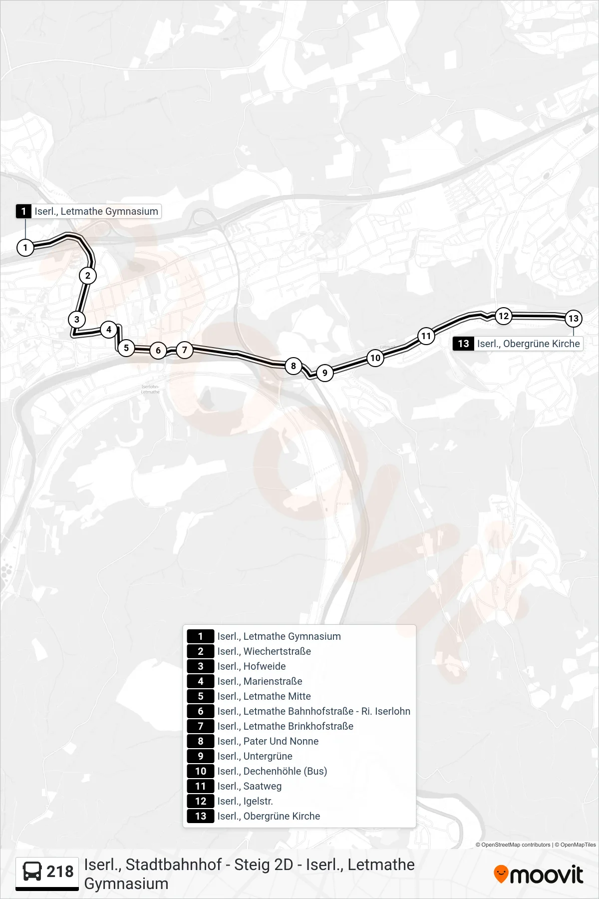 218 bus Line (Iserl., Obergrüne Kirche) route and stops on a map