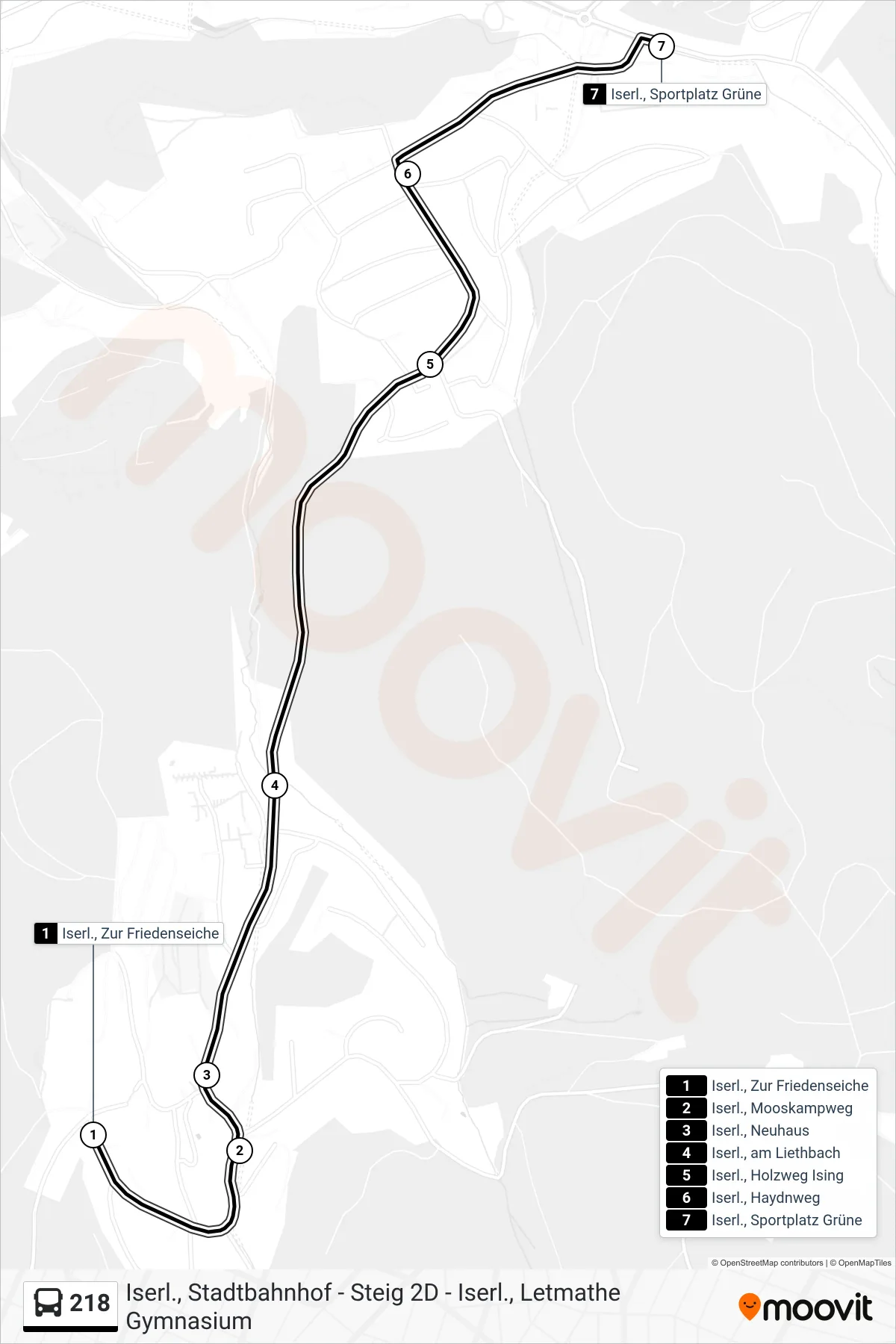218 bus Line (Iserl., Sportplatz Grüne) route and stops on a map