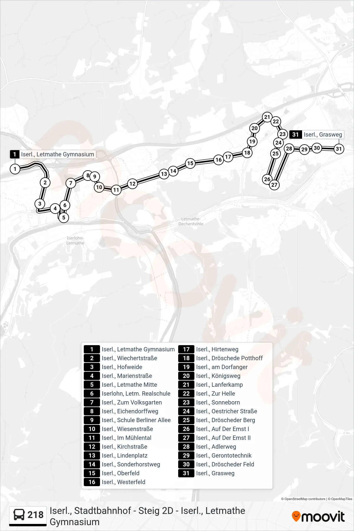218 bus Line (Iserl., Grasweg) route and stops on a map