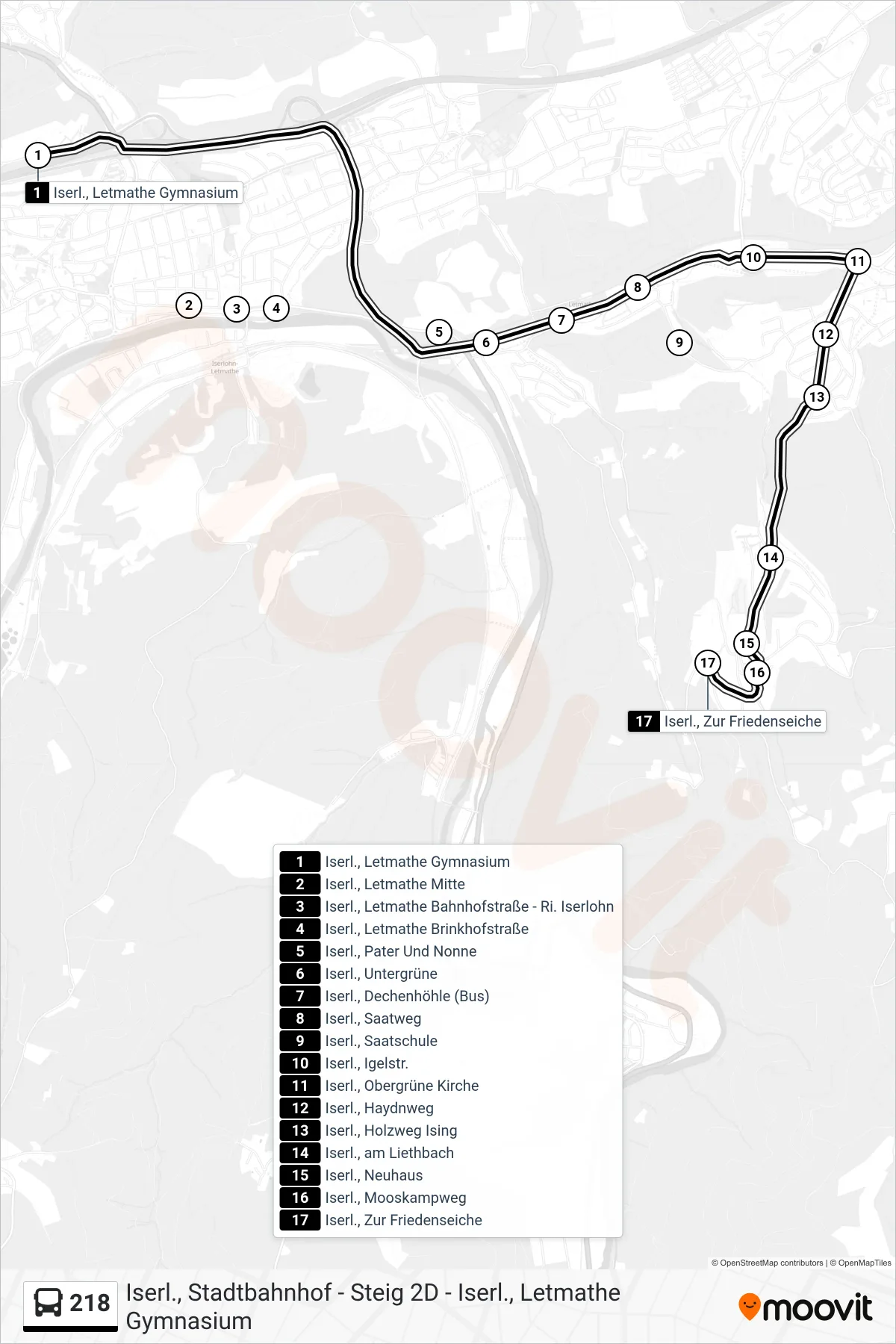 218 bus Line (Iserl., Zur Friedenseiche) route and stops on a map