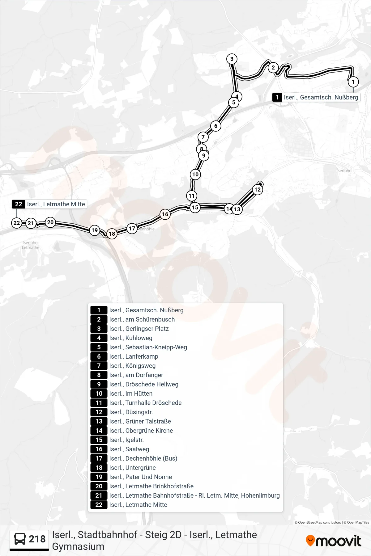218 bus Line (Iserl., Letmathe Mitte) route and stops on a map
