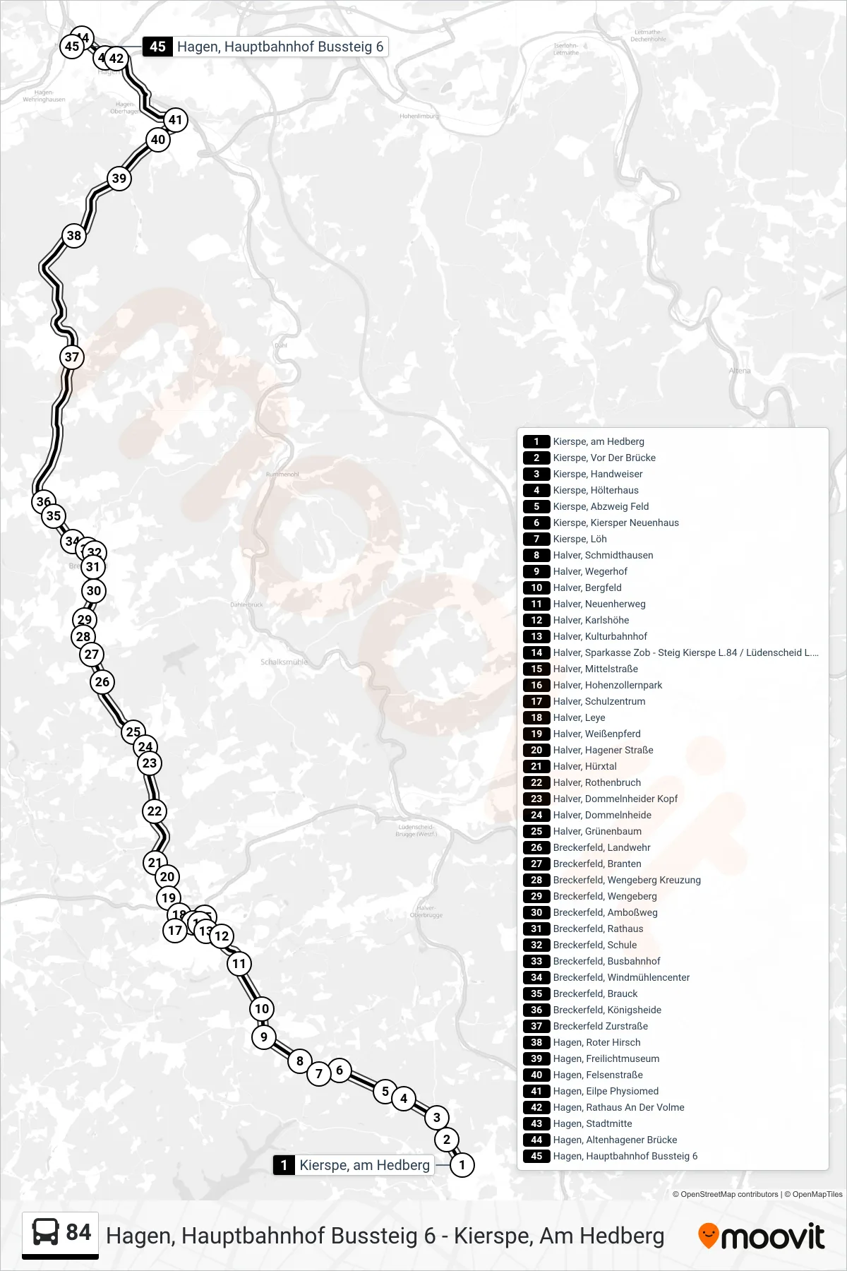 84 bus Line (Hagen, Hauptbahnhof Bussteig 6) route and stops on a map
