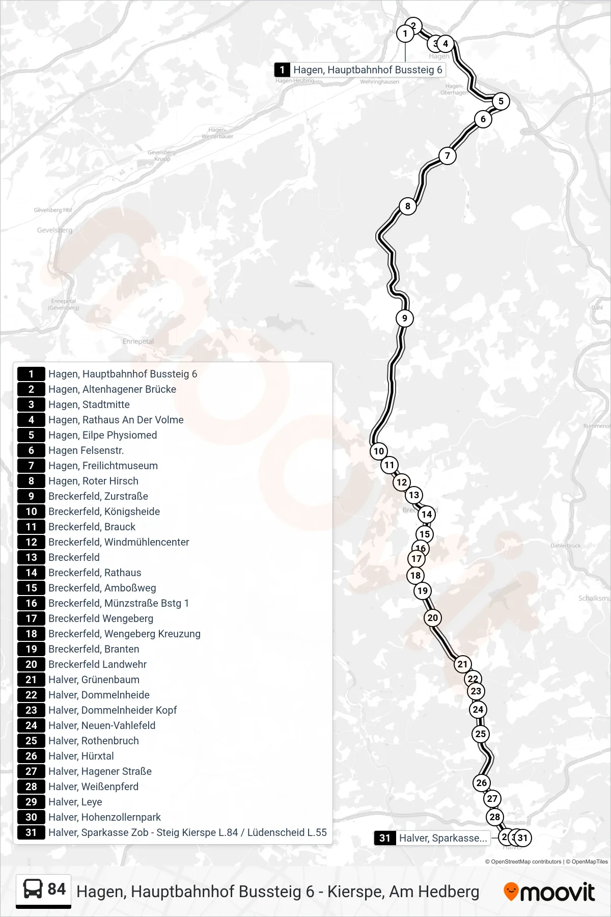 Linie 84 (Bus) Richtung Halver, Sparkasse Zob - Steig Kierspe L.84 / Lüdenscheid L.55: Route und Haltestellen auf der Karte