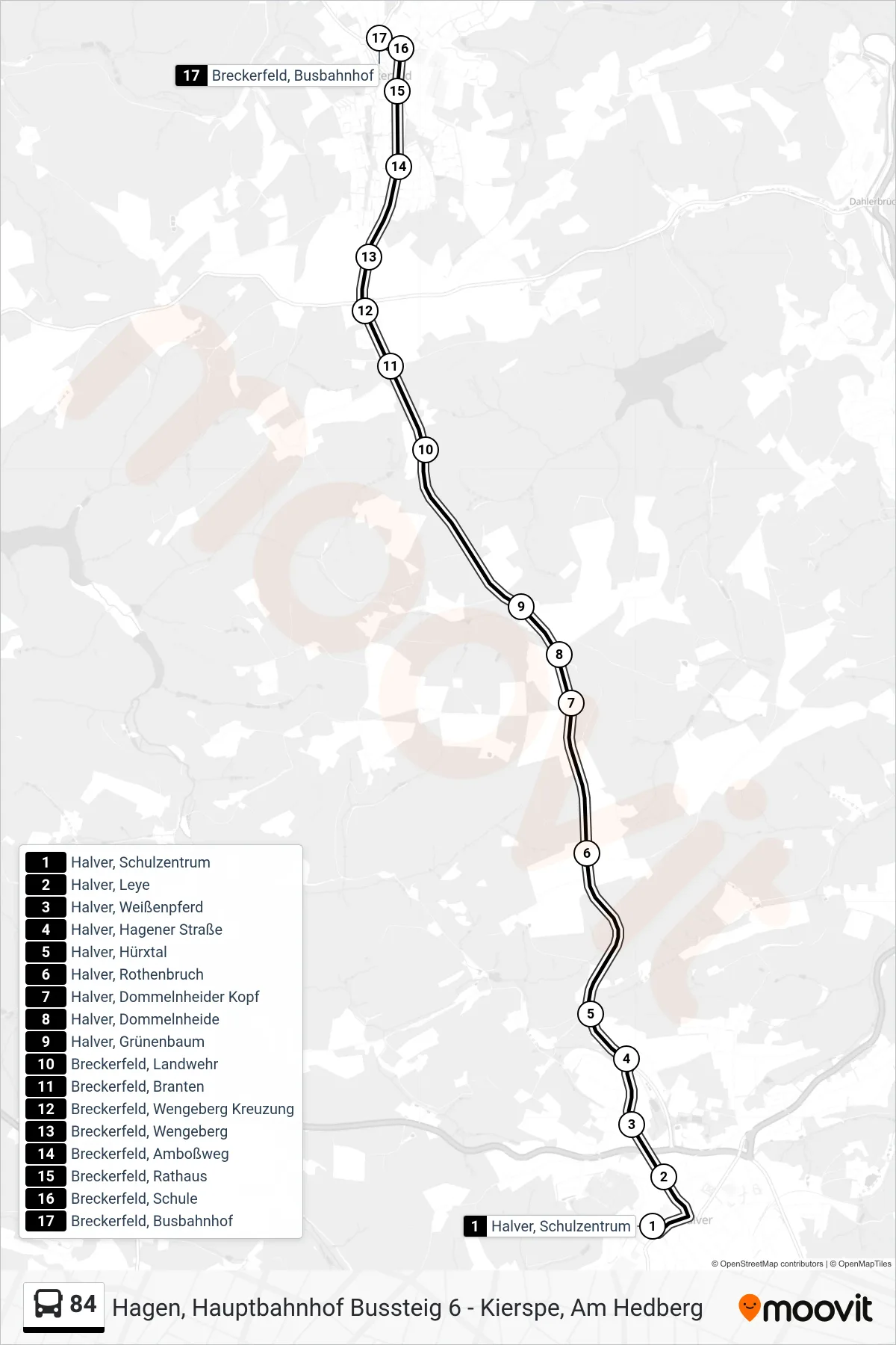 84 bus Line (Breckerfeld, Busbahnhof) route and stops on a map