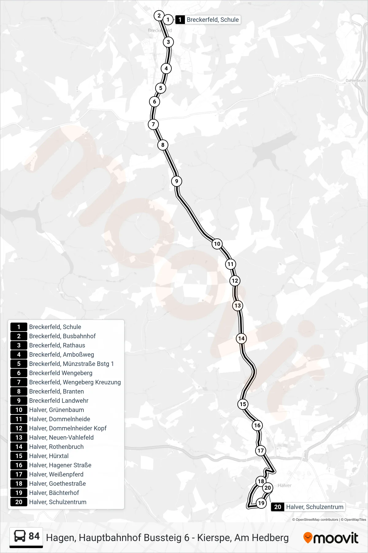 Linie 84 (Bus) Richtung Halver, Schulzentrum: Route und Haltestellen auf der Karte