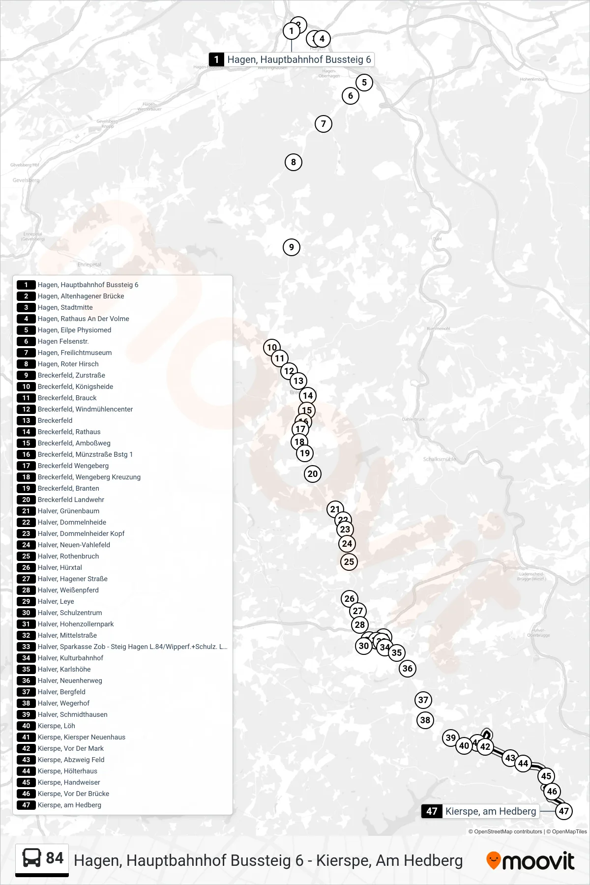 84 bus Line (Kierspe, am Hedberg) route and stops on a map