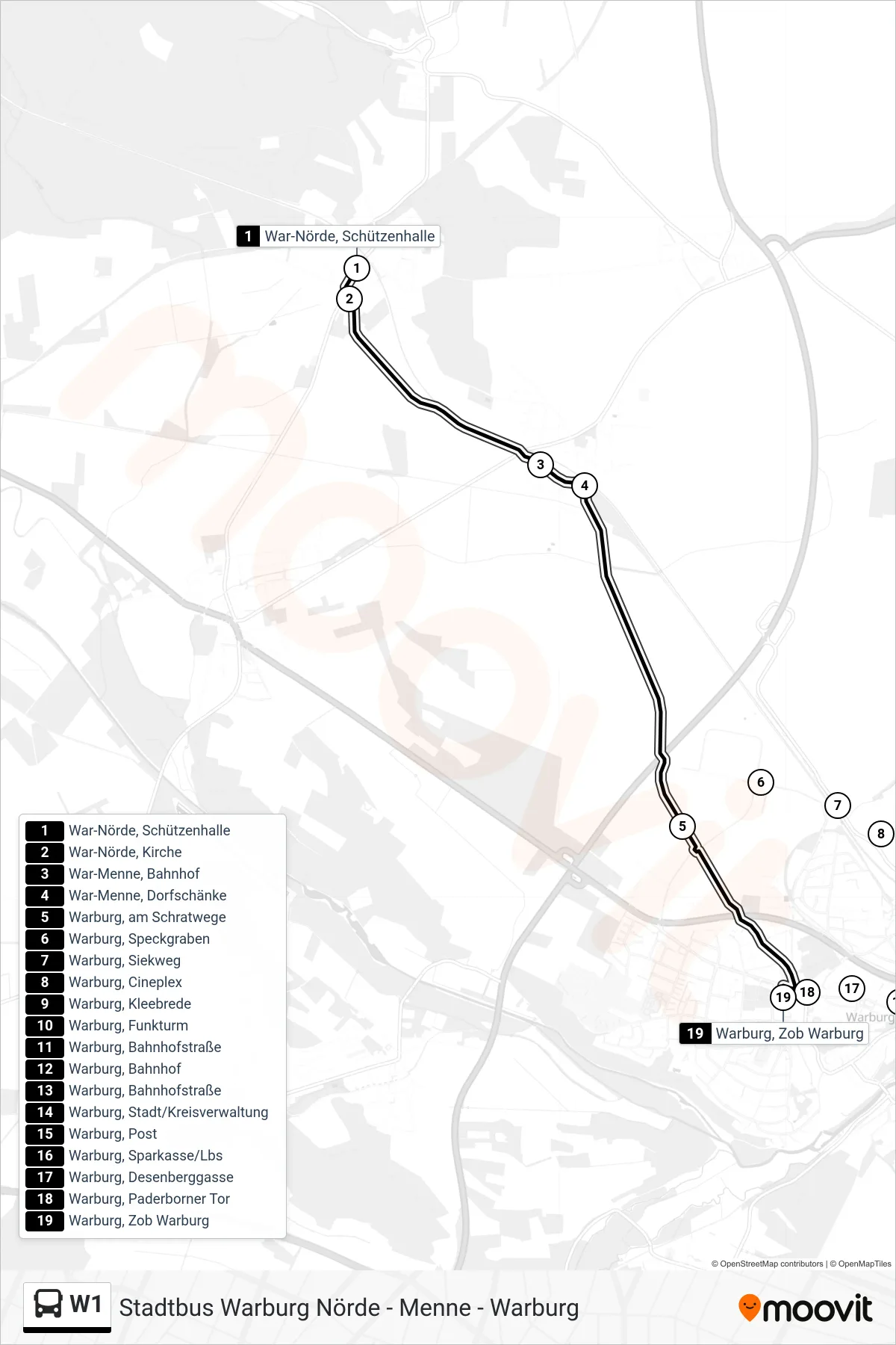 Linie W1 (Bus) Richtung Warburg, Zob Warburg: Route und Haltestellen auf der Karte