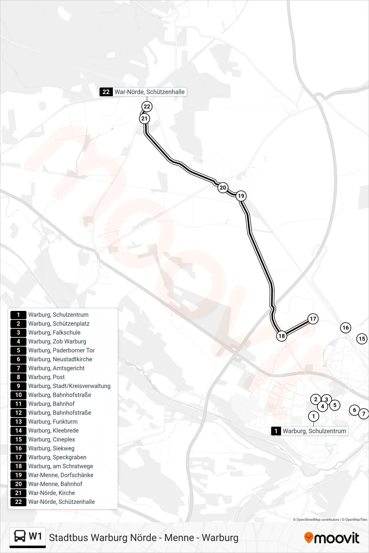 W1 bus Line (War-Nörde, Schützenhalle) route and stops on a map