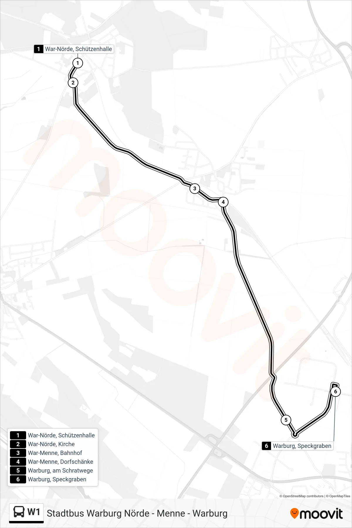 W1 bus Line (Warburg, Speckgraben) route and stops on a map