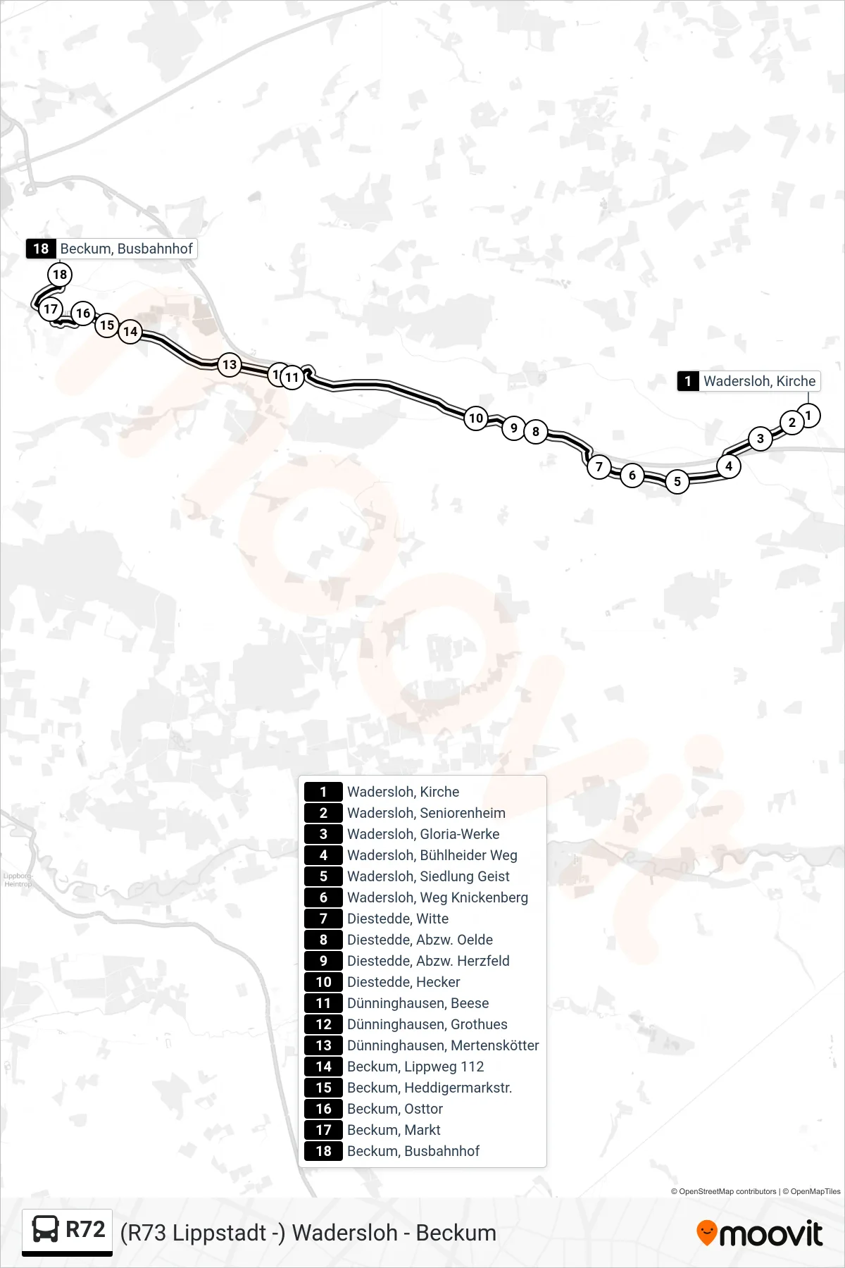 Linie R72 (Bus) Richtung Beckum, Busbahnhof Bstg D: Route und Haltestellen auf der Karte