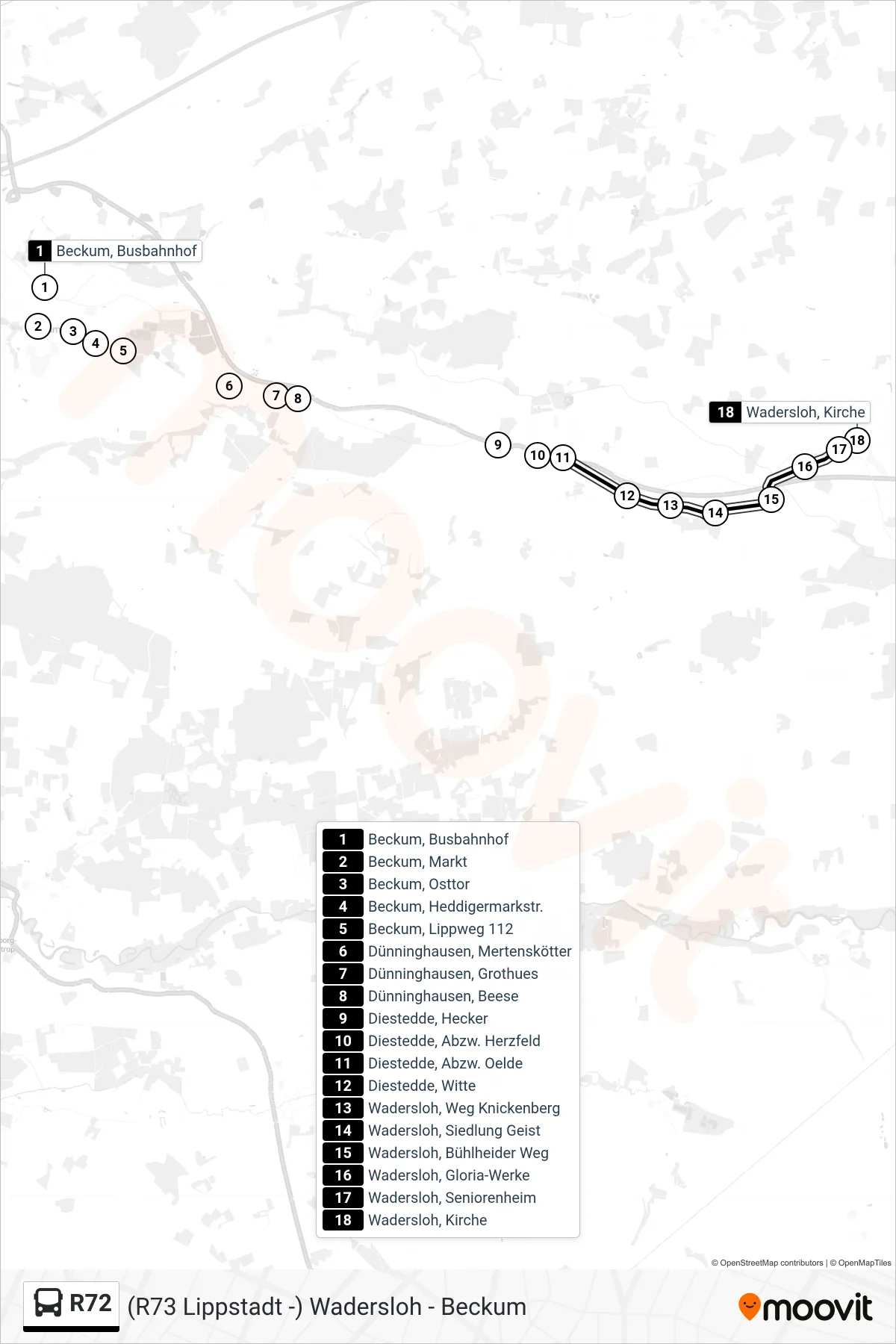 R72 bus Line (Wadersloh, Kirche) route and stops on a map
