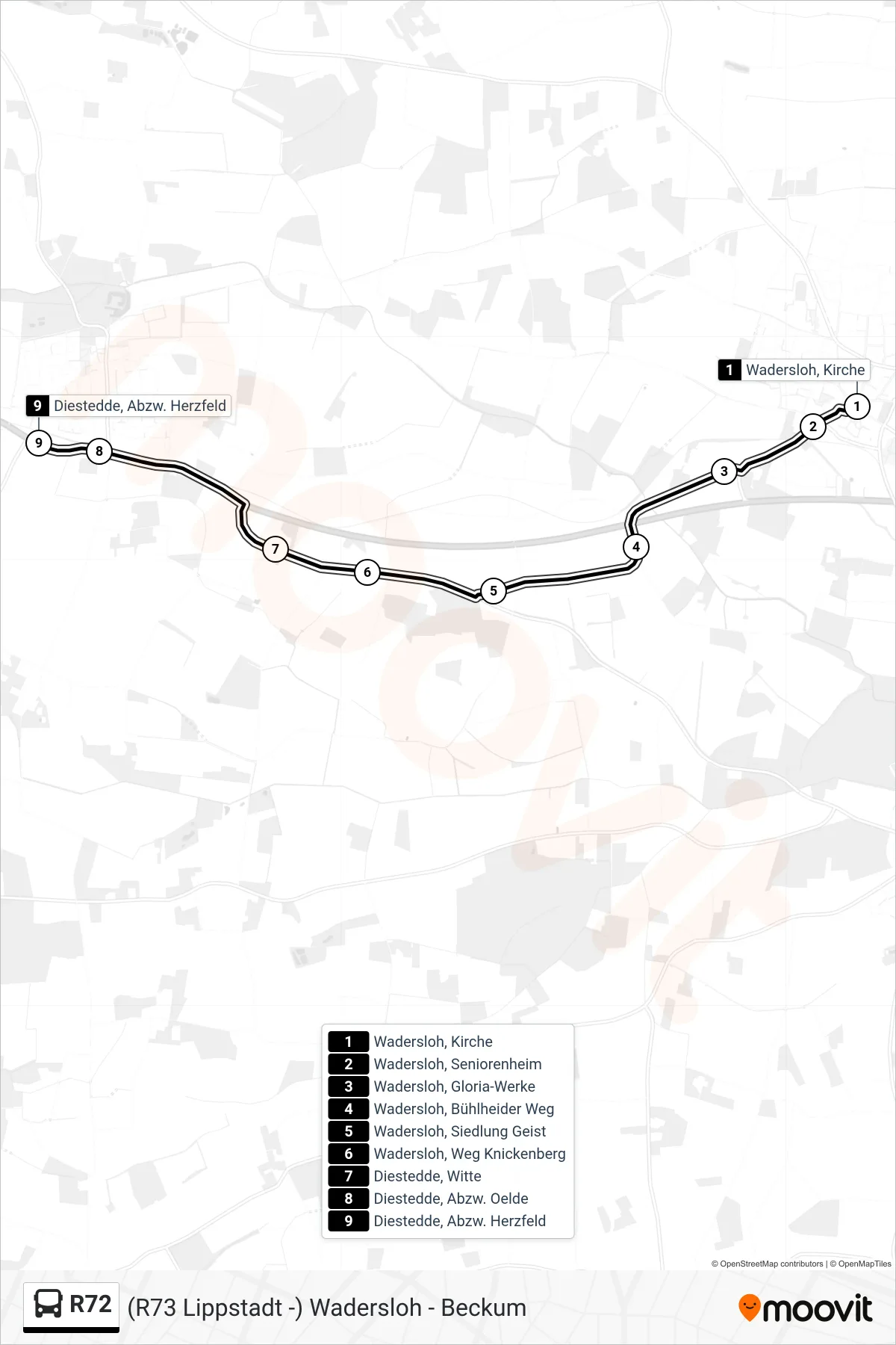 R72 bus Line (Diestedde, Abzw. Herzfeld) route and stops on a map
