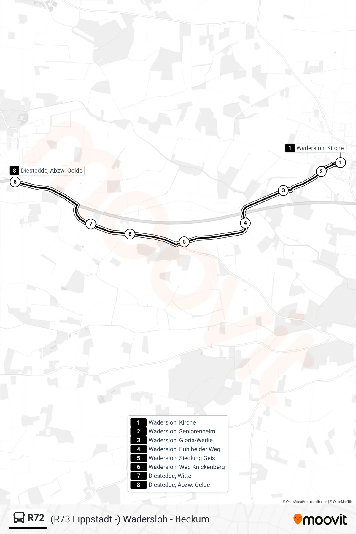 R72 bus Line (Diestedde, Abzw. Oelde) route and stops on a map