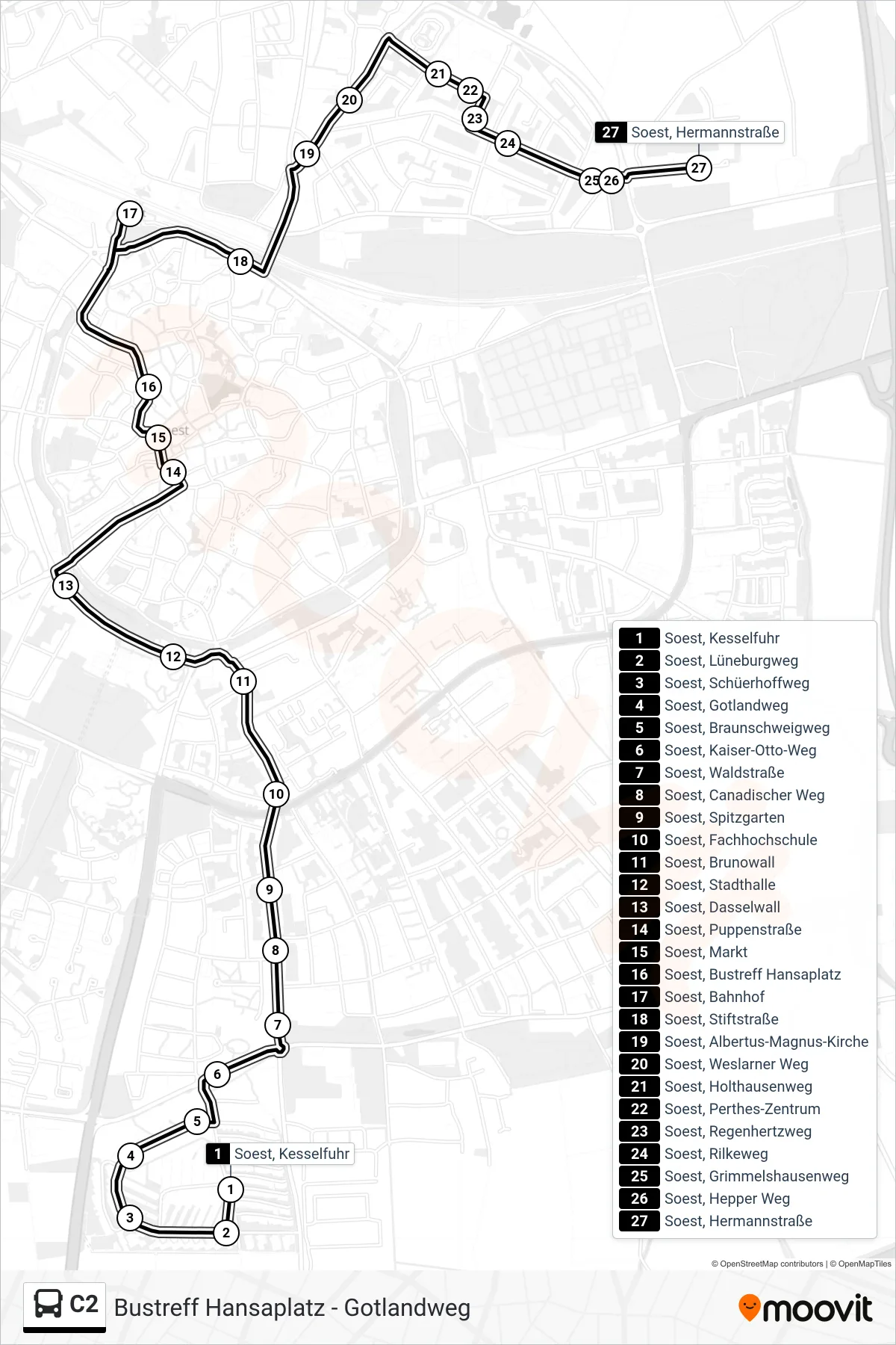 Linie C2 (Bus) Richtung Soest, Hermannstraße: Route und Haltestellen auf der Karte