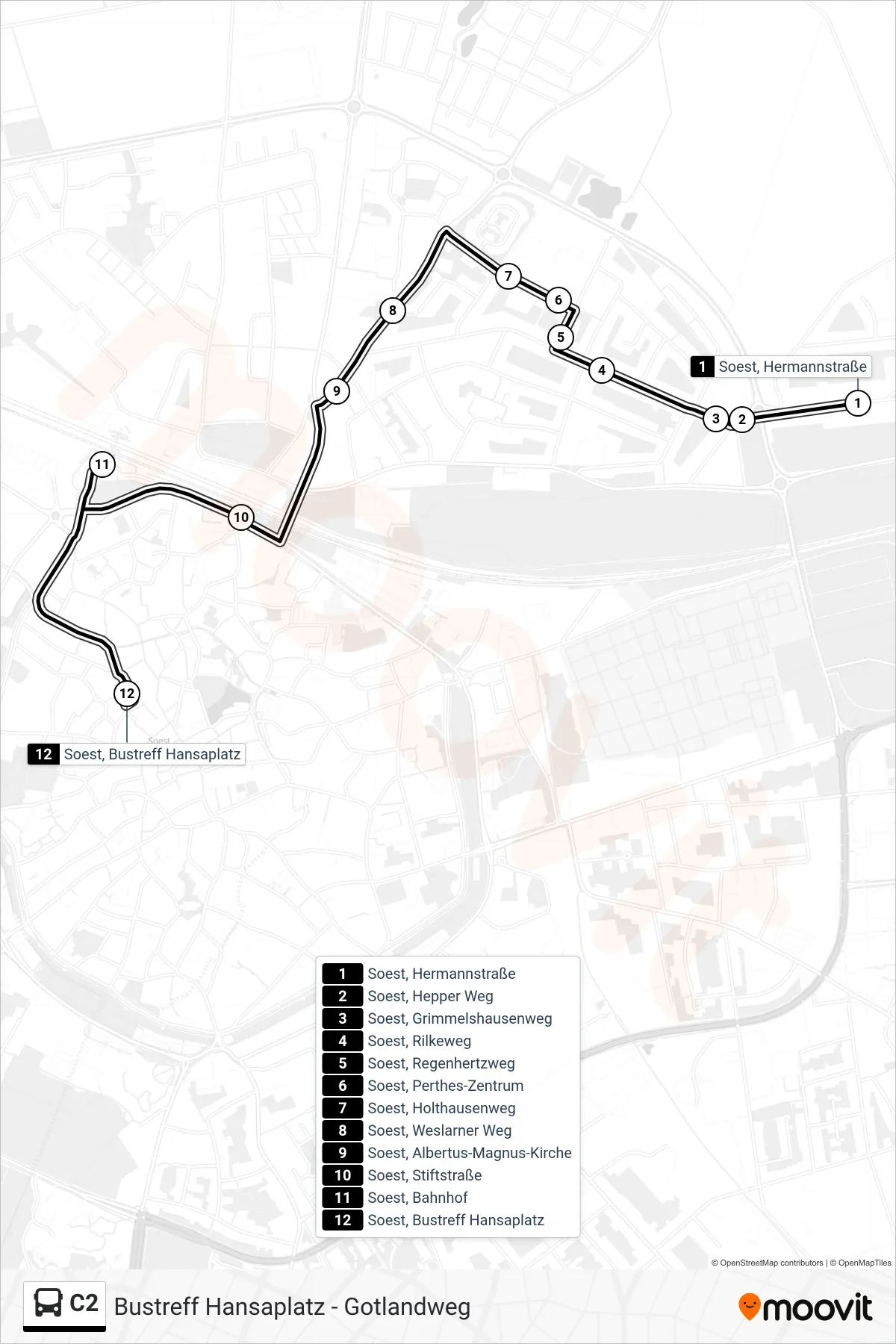C2 bus Line (Soest, Bustreff Hansaplatz D) route and stops on a map