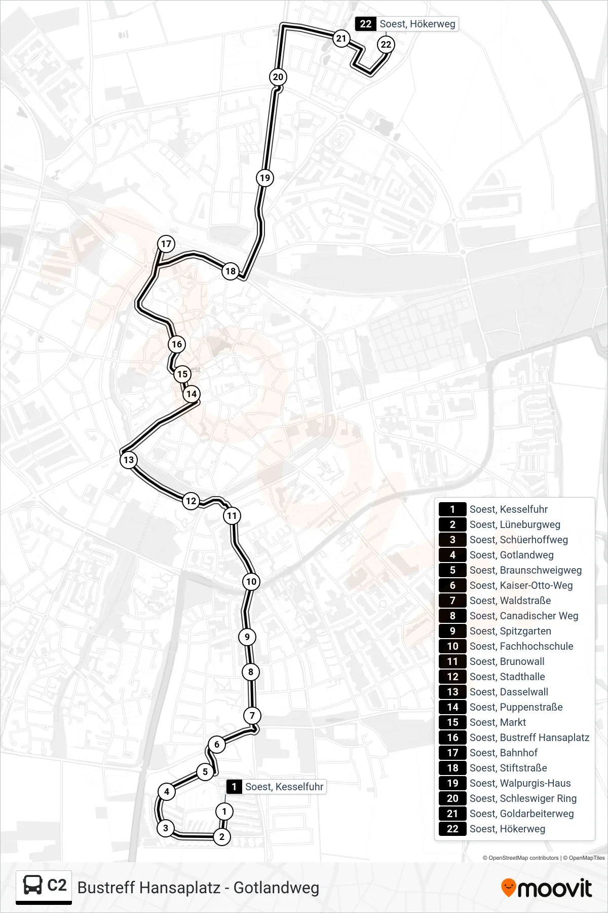 Linie C2 (Bus) Richtung Soest, Hökerweg: Route und Haltestellen auf der Karte