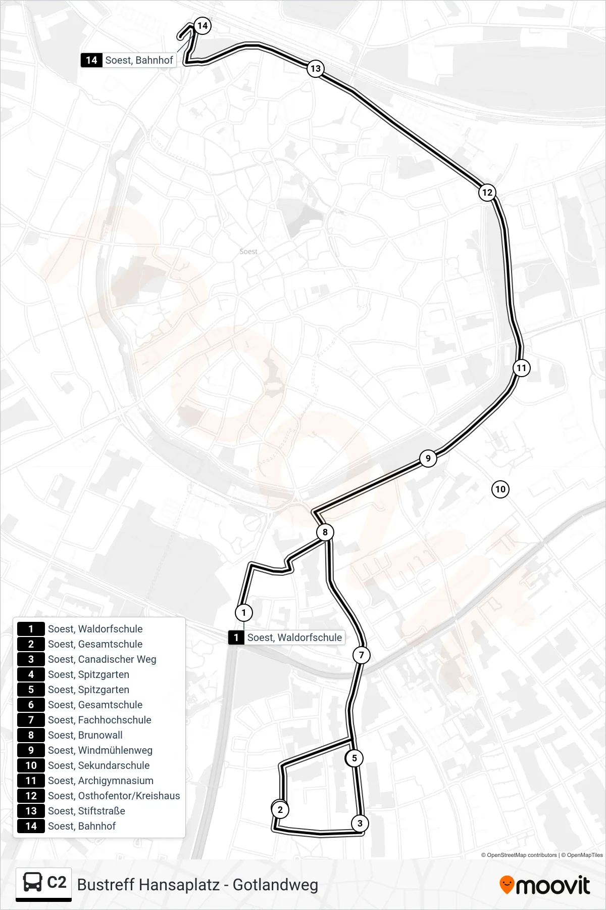 C2 bus Line (Soest, Bahnhof F) route and stops on a map