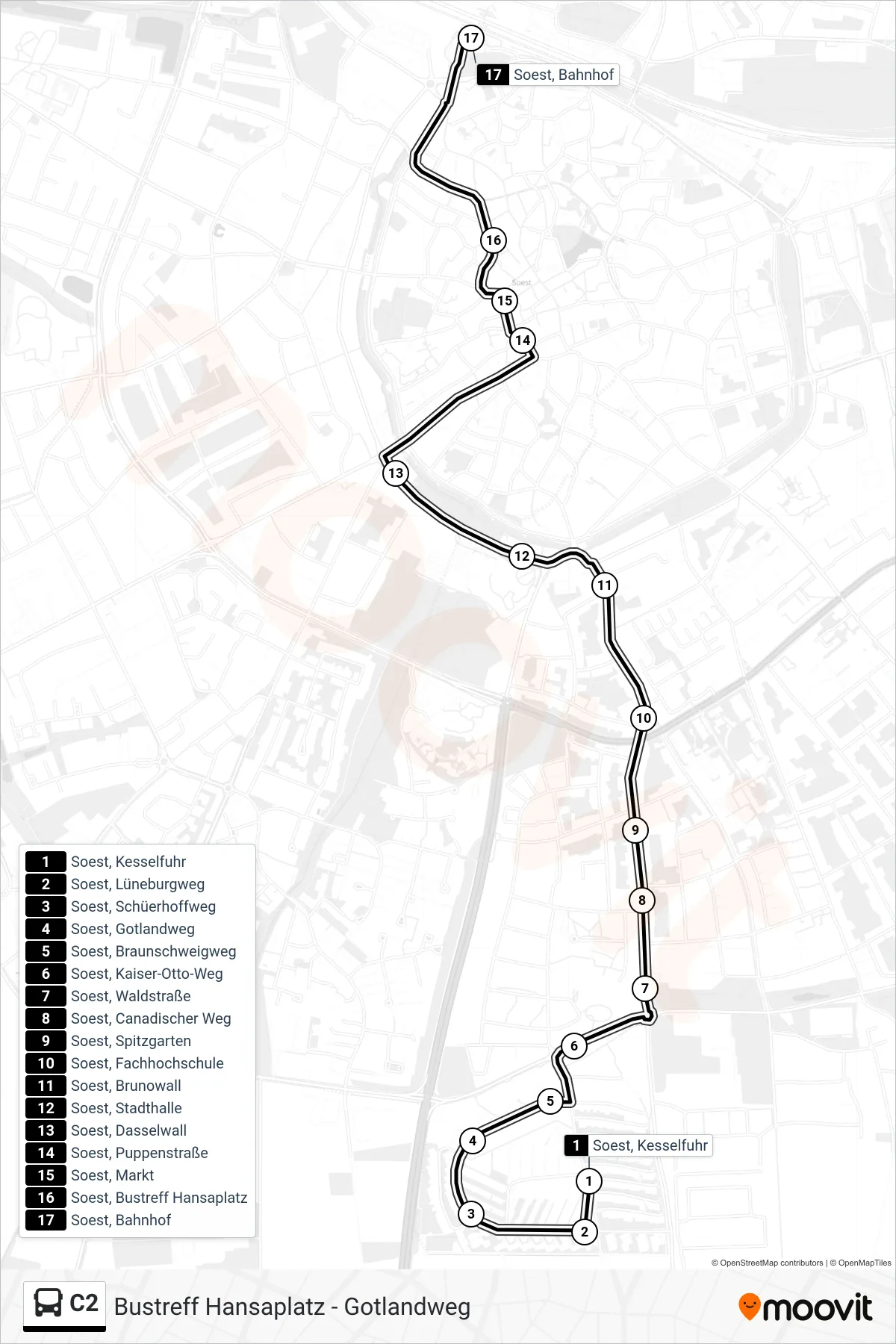 C2 bus Line (Soest, Bahnhof A) route and stops on a map