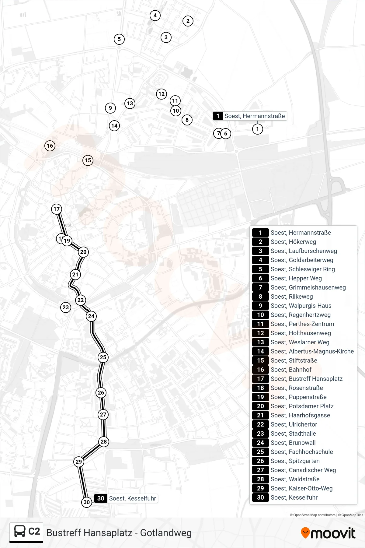 Linie C2 (Bus) Richtung Soest, Kesselfuhr: Route und Haltestellen auf der Karte