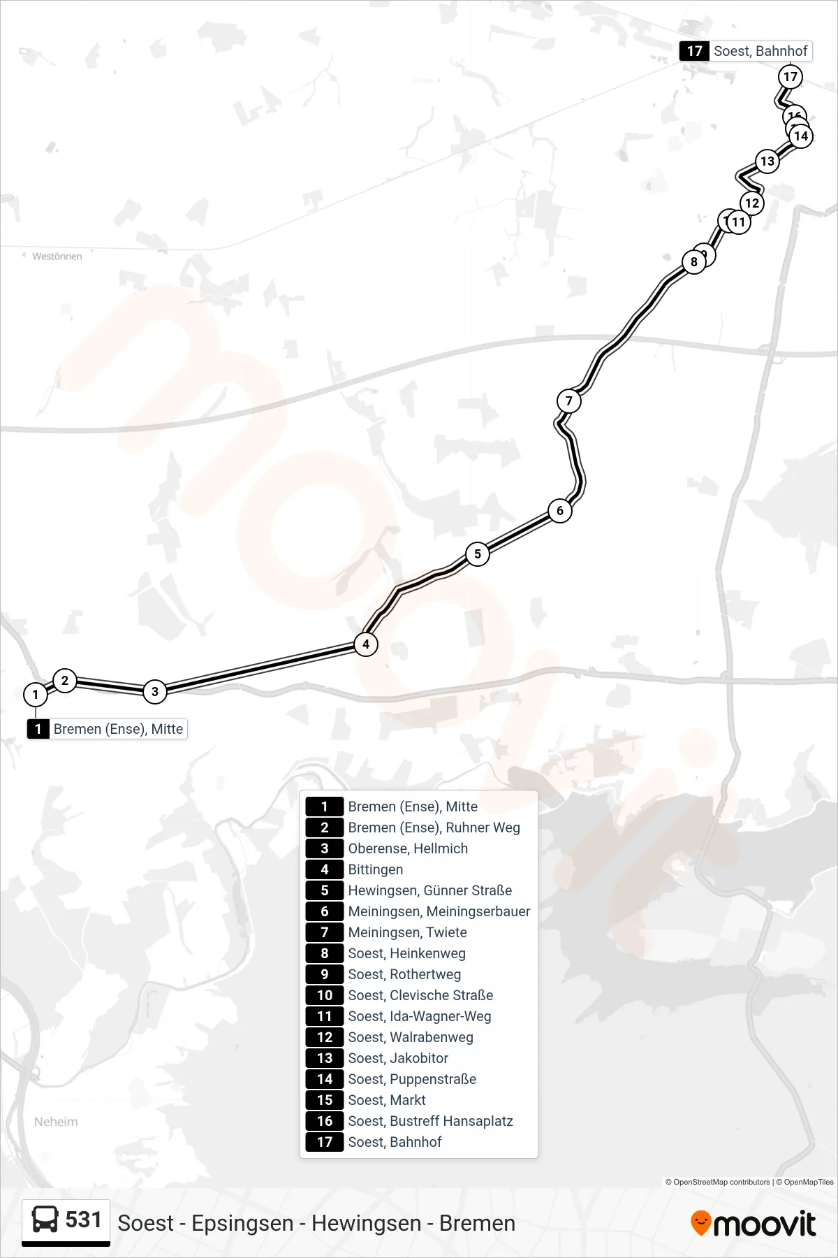 531 bus Line (Soest, Bahnhof A) route and stops on a map