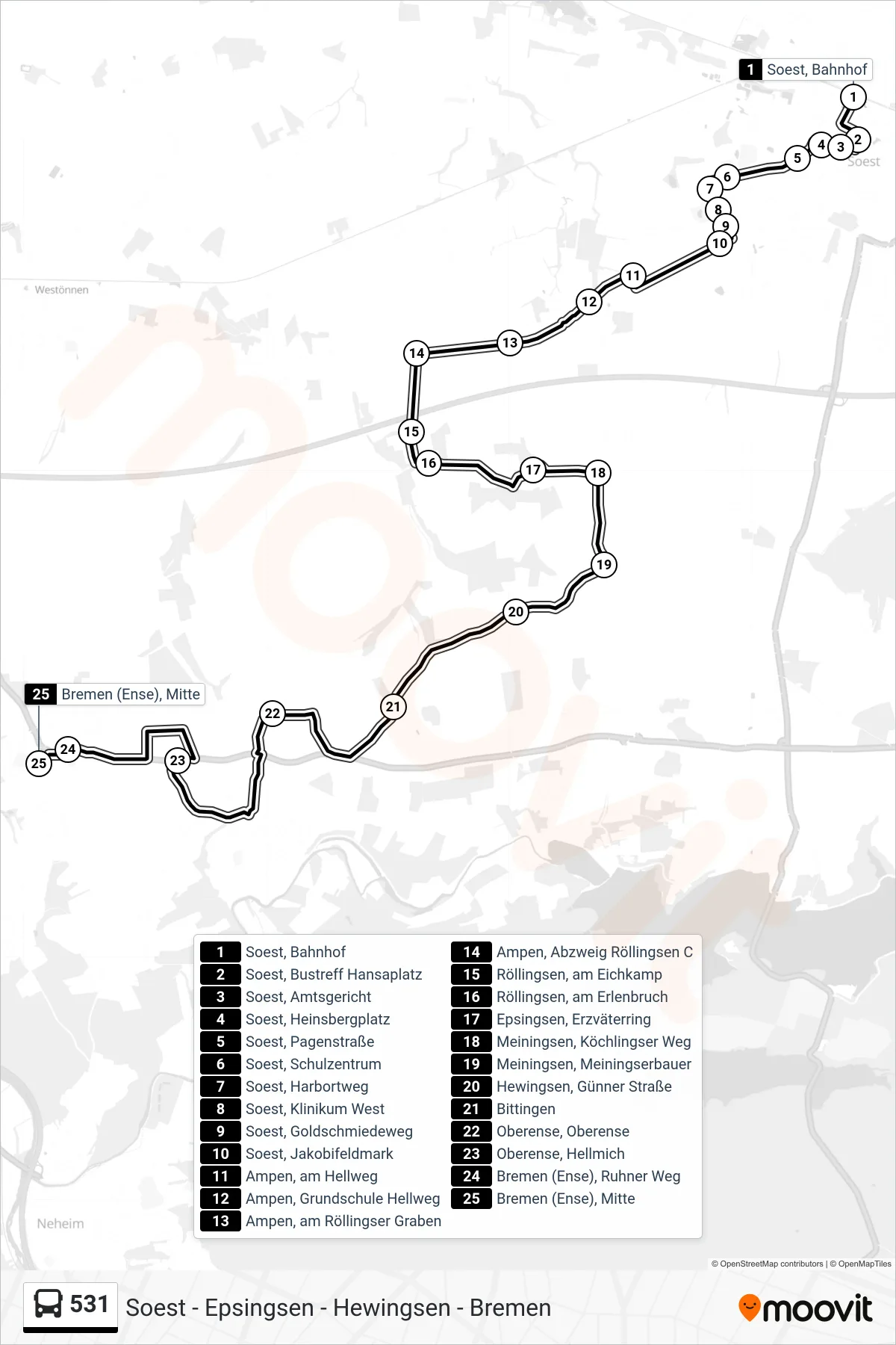 Linie 531 (Bus) Richtung Bremen (Ense), Mitte: Route und Haltestellen auf der Karte