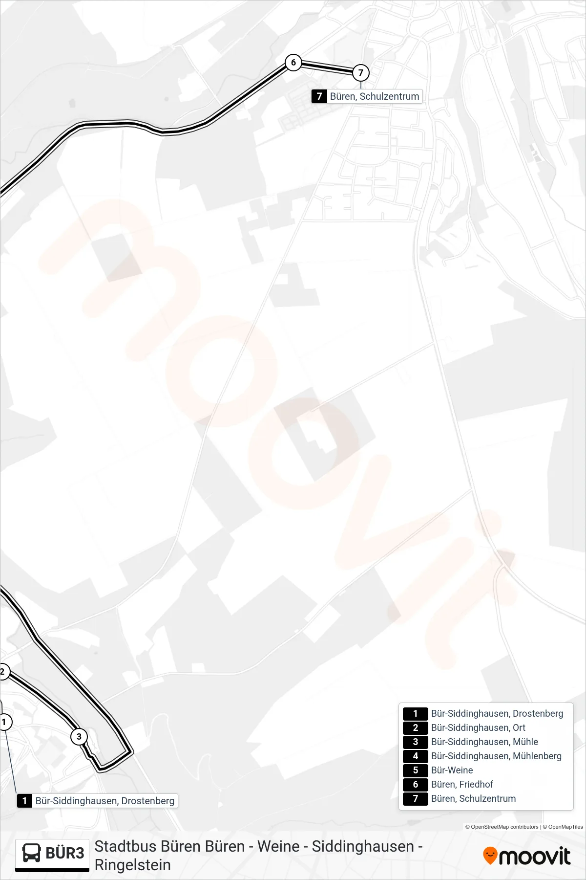BÜR3 bus Line (Büren, Schulzentrum) route and stops on a map