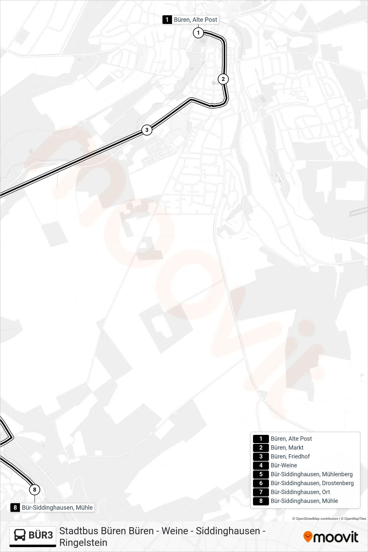 Linie BÜR3 (Bus) Richtung Bür-Siddinghausen, Mühle: Route und Haltestellen auf der Karte