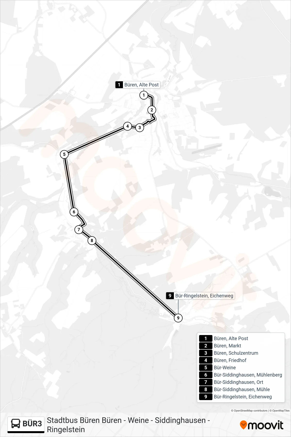 BÜR3 bus Line (Bür-Ringelstein, Eichenweg) route and stops on a map