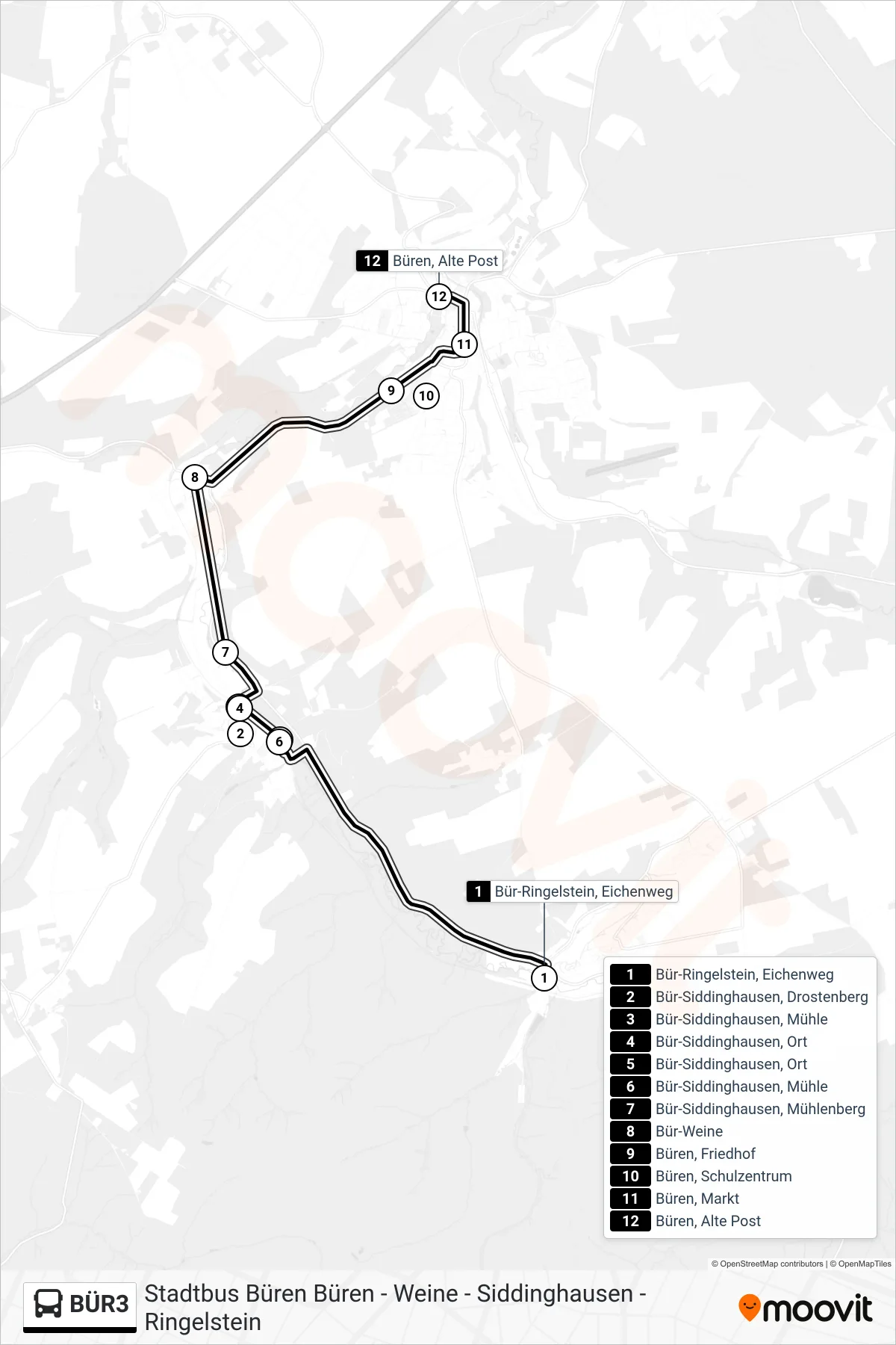 BÜR3 bus Line (Büren, Alte Post) route and stops on a map